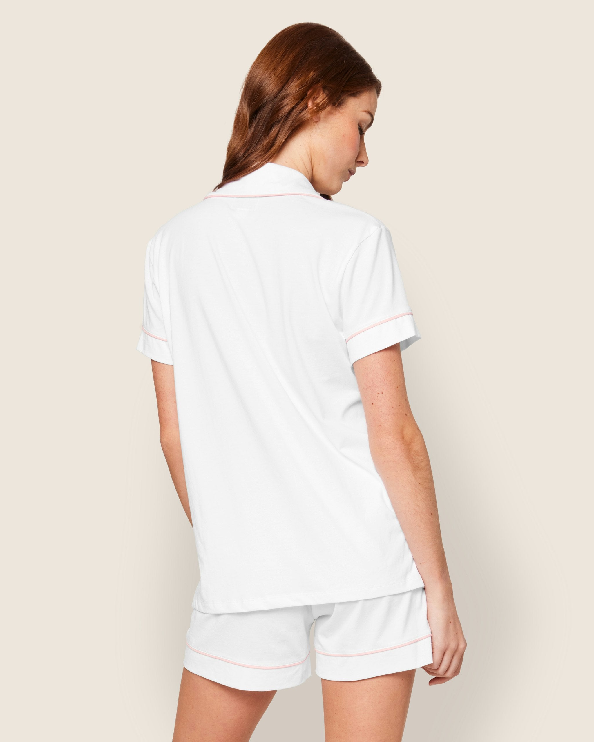 Women's Pima Short Sleeve Short Set in White with Navy Piping in White with Pink Piping#Color_White with Pink Piping