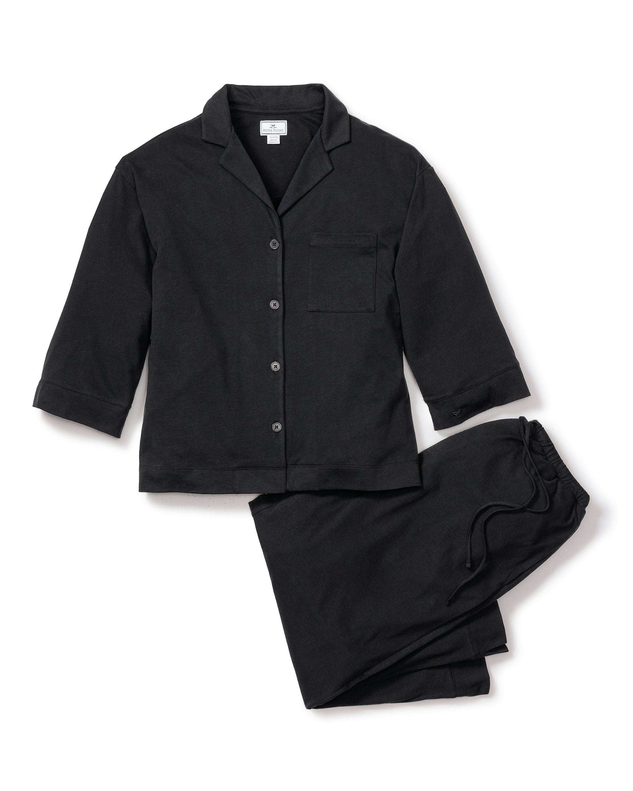 The Olivia Wide Leg Pima Pajama Set in Pink Stripe in Black#Color_Black