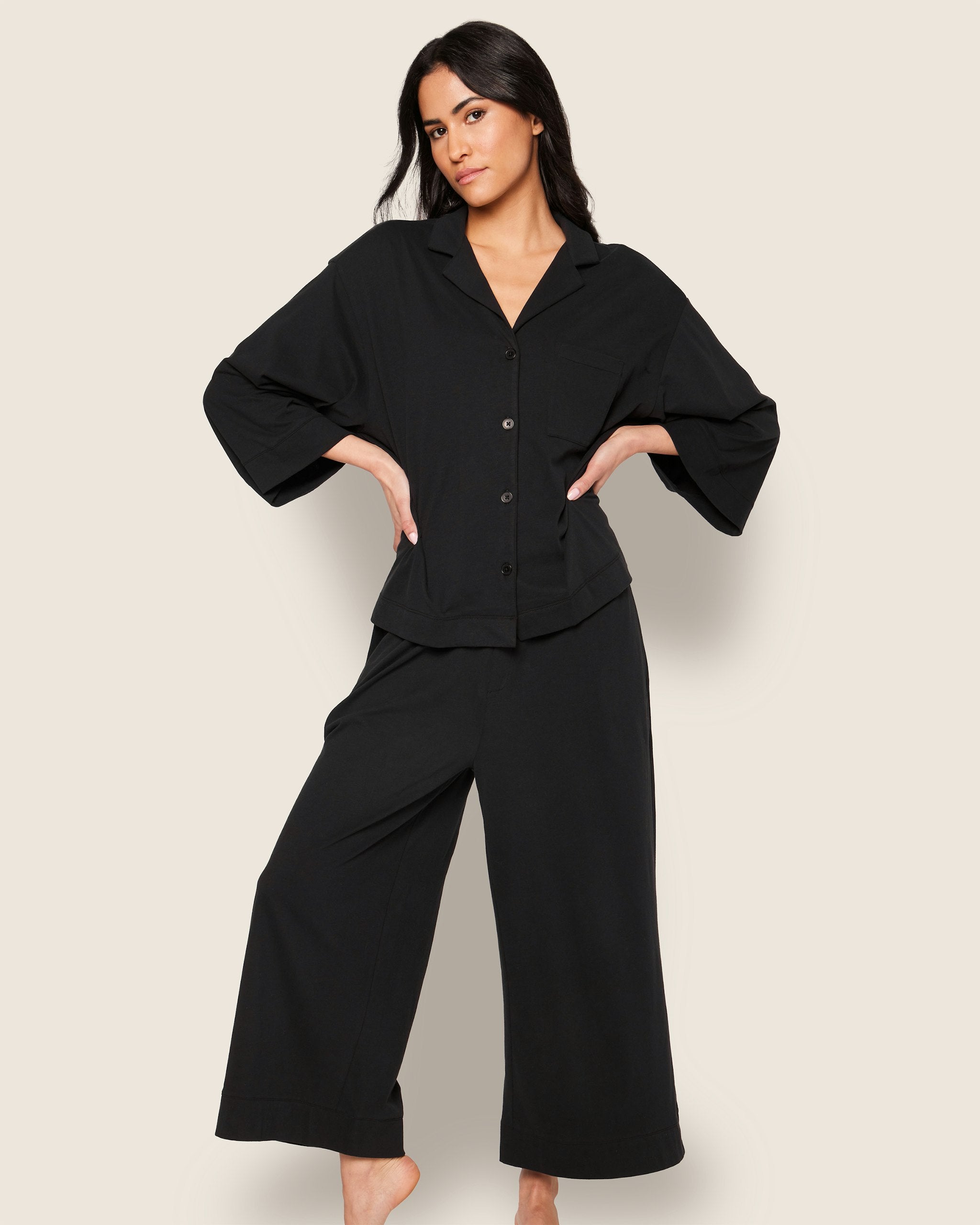 The Olivia Wide Leg Pima Pajama Set in Fleur D'Azur in Black#Color_Black