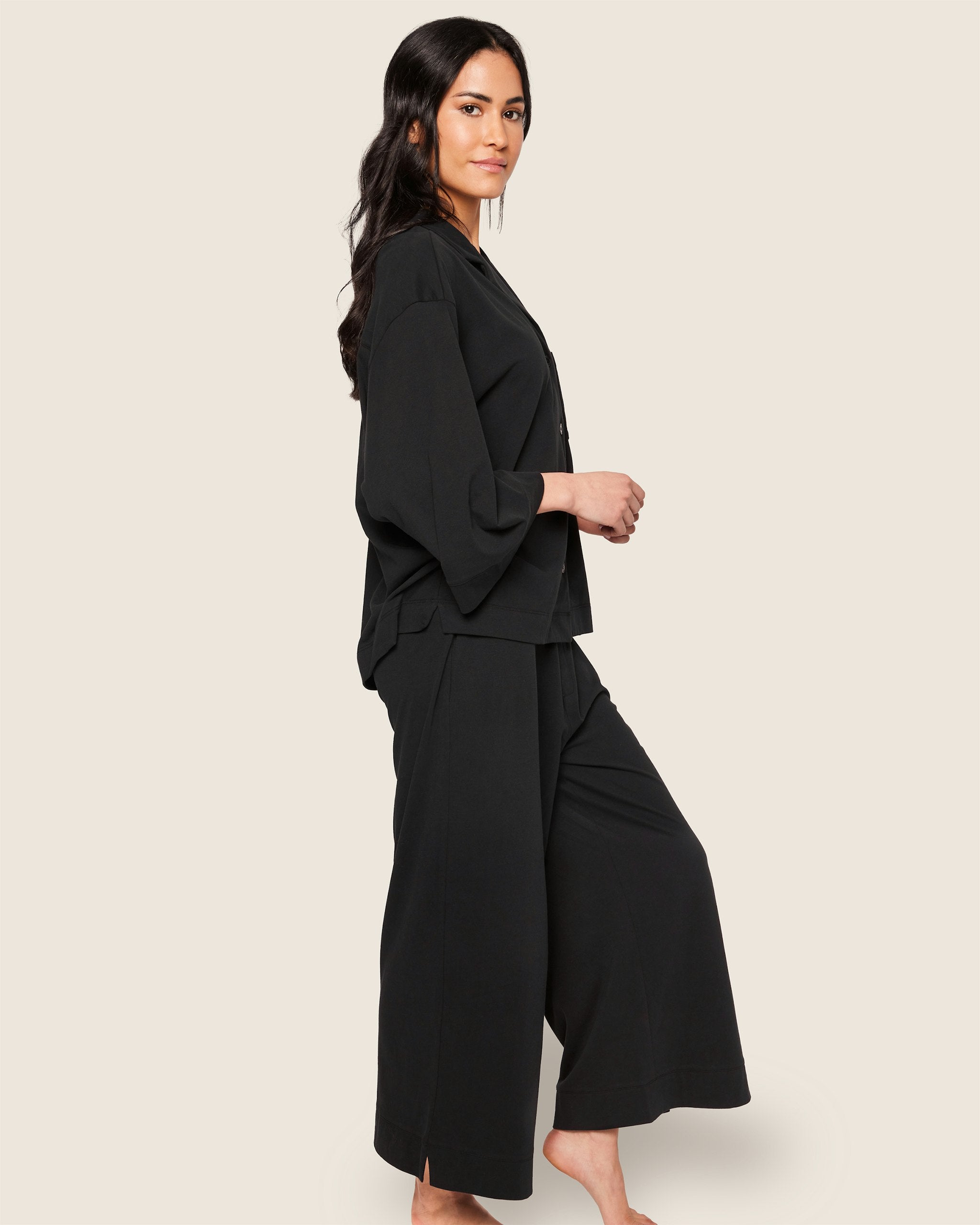 The Olivia Wide Leg Pima Pajama Set in Fleur D'Azur in Black#Color_Black