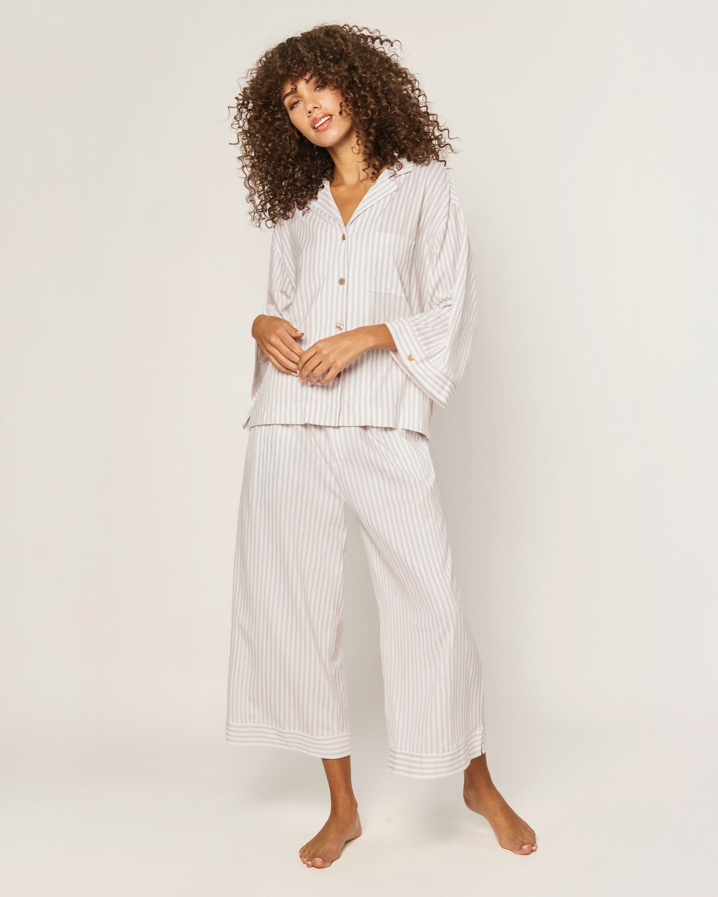 The Olivia Wide Leg Pima Pajama Set in Camel Ticking