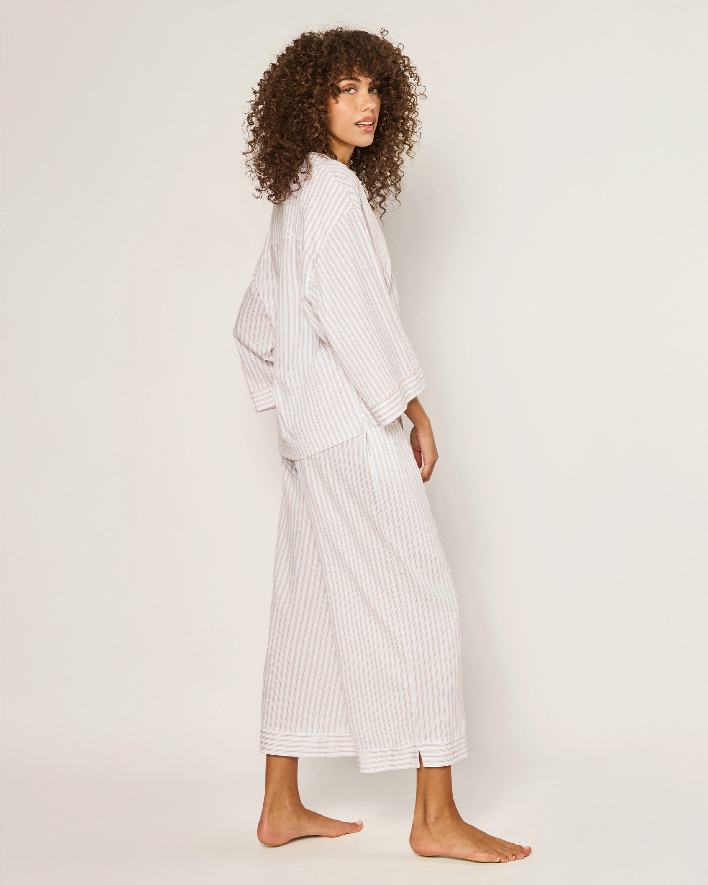 The Olivia Wide Leg Pima Pajama Set in Camel Ticking