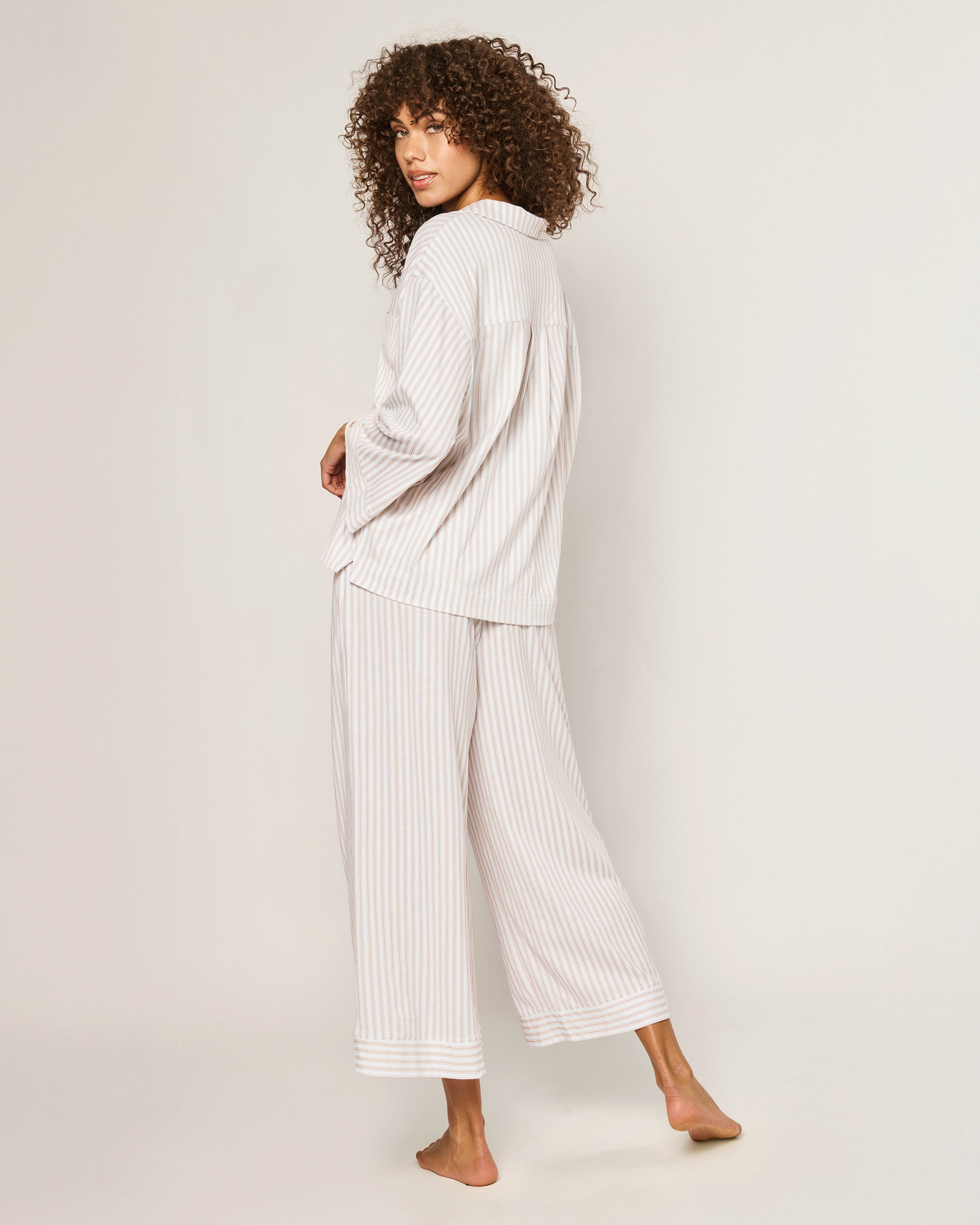 The Olivia Wide Leg Pima Pajama Set in Camel Ticking