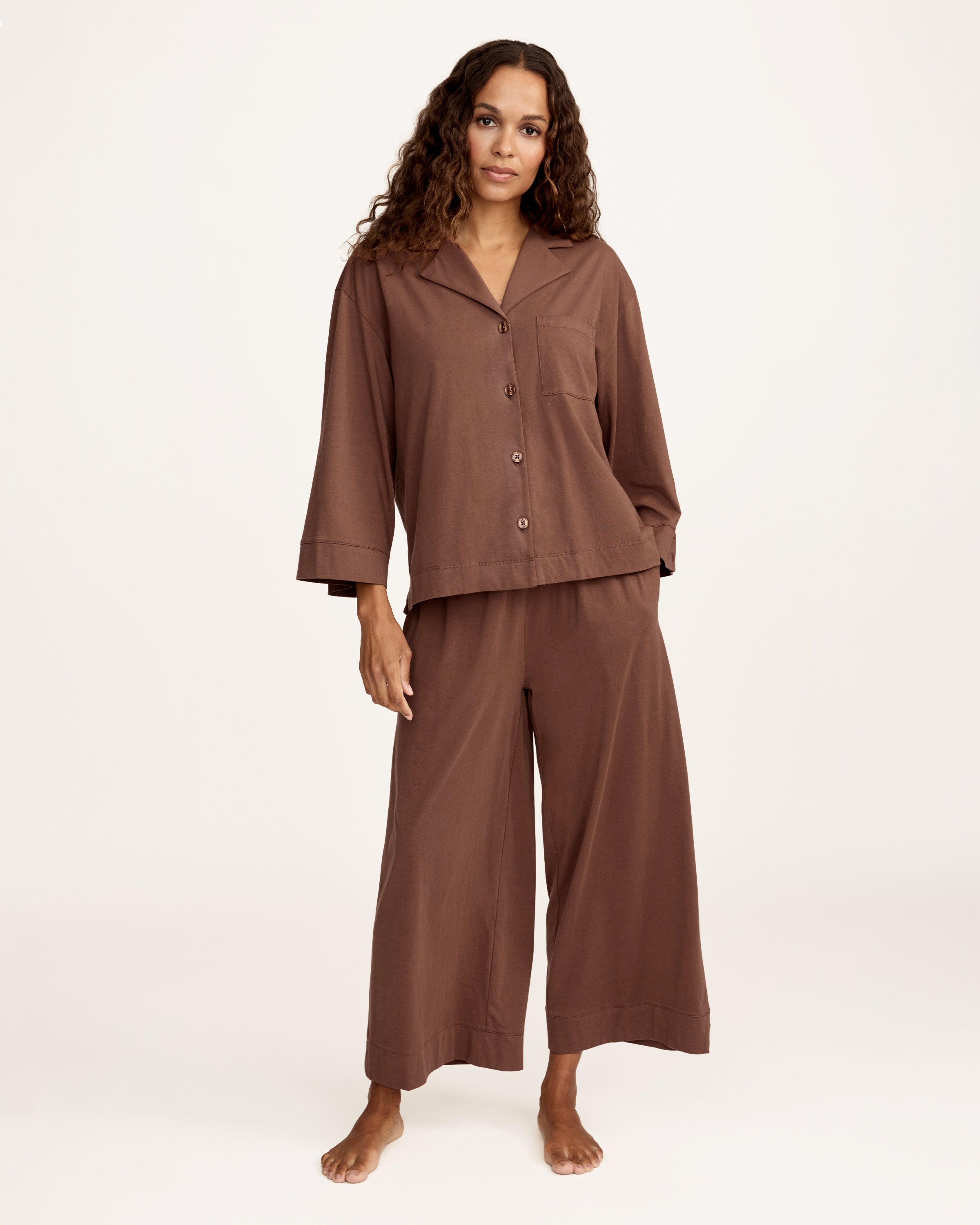 The Olivia Wide Leg Lightweight Pima Pajama Set in Chocolate Brown