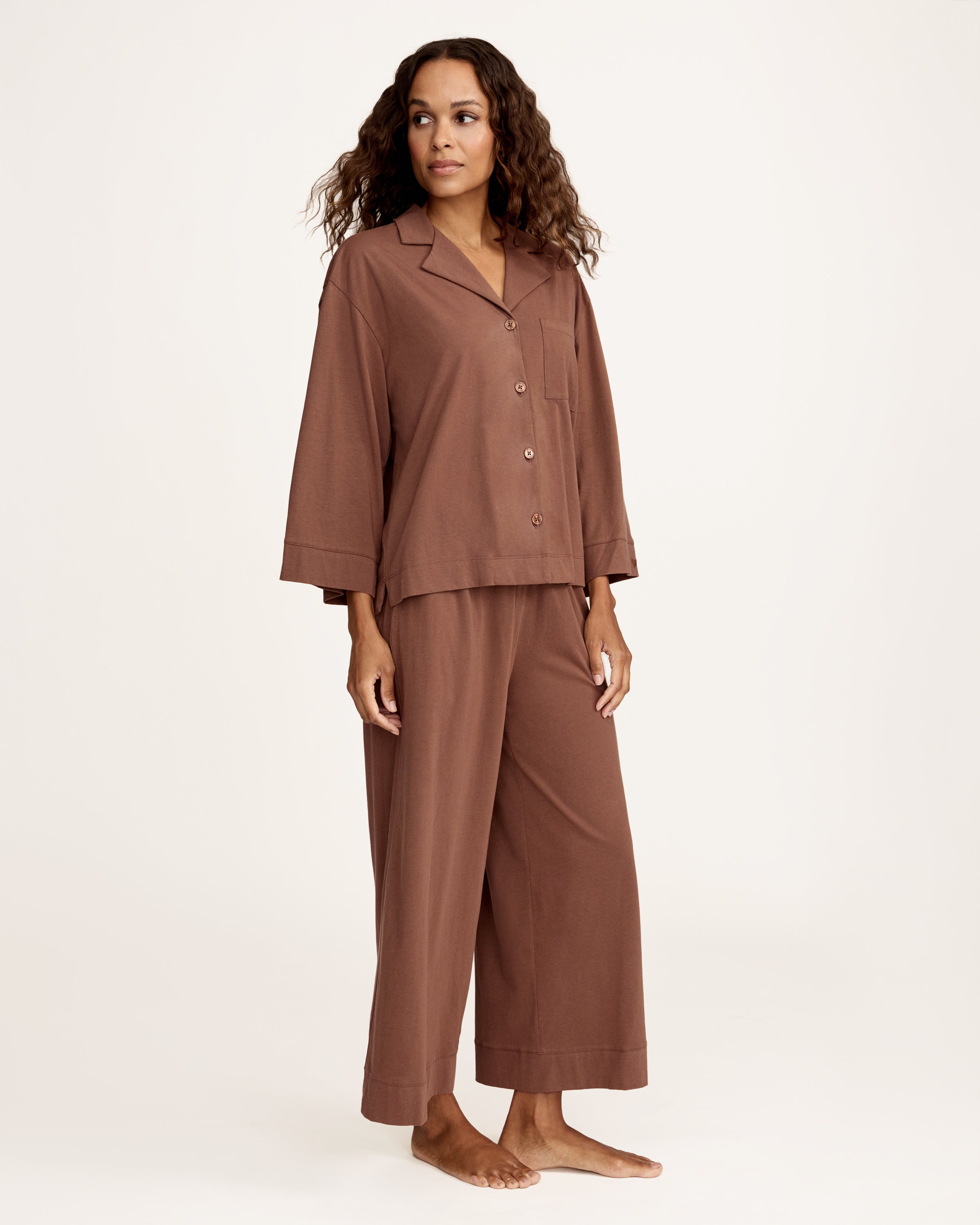 The Olivia Wide Leg Lightweight Pima Pajama Set in Chocolate Brown