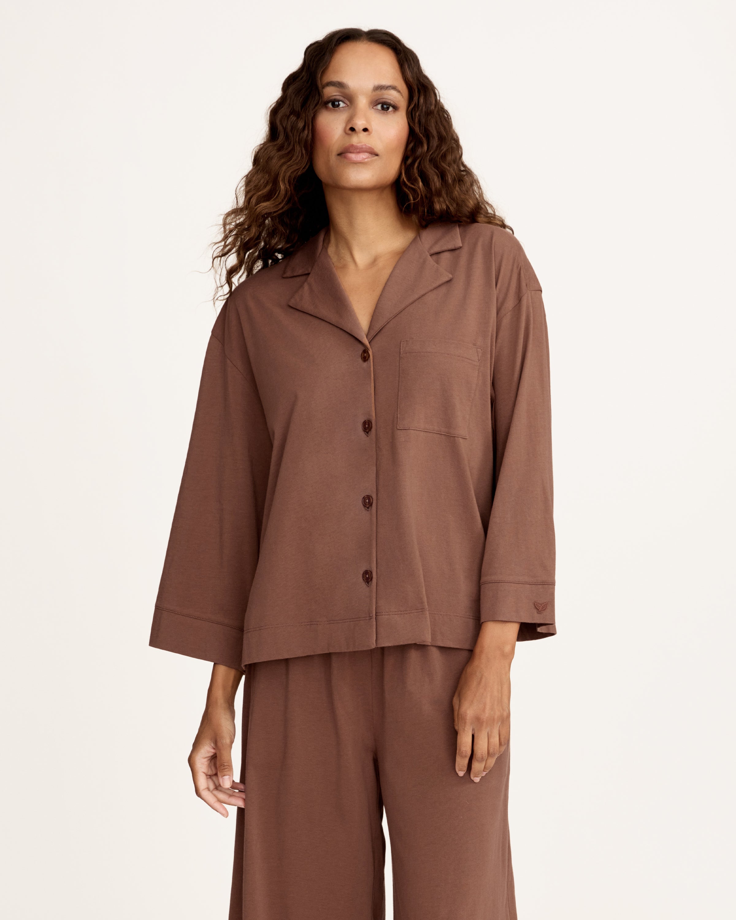 The Olivia Wide Leg Lightweight Pima Pajama Set in Chocolate Brown