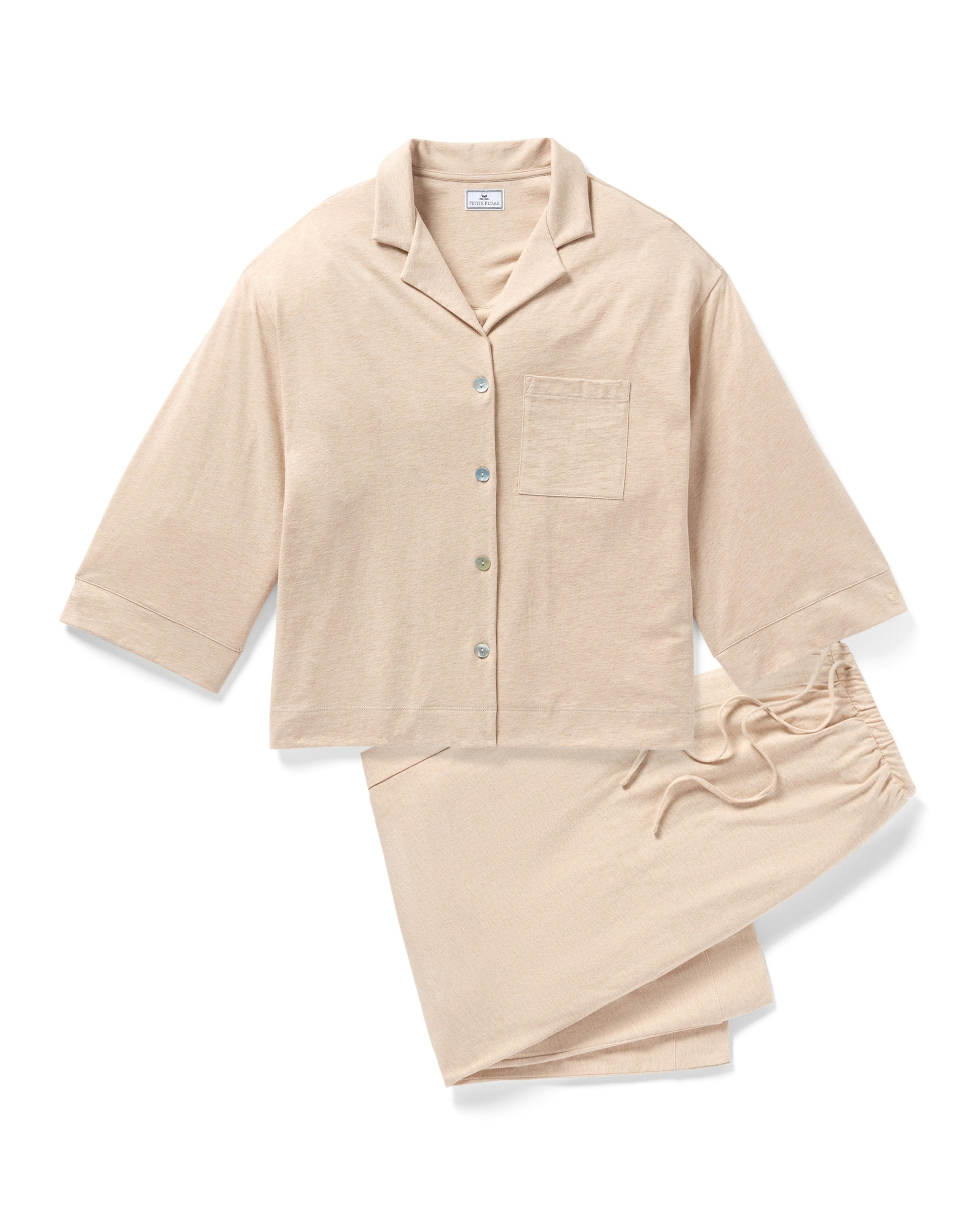 The Olivia Wide Leg Pima Pajama Set in Navy French Ticking in Camel#Color_Camel