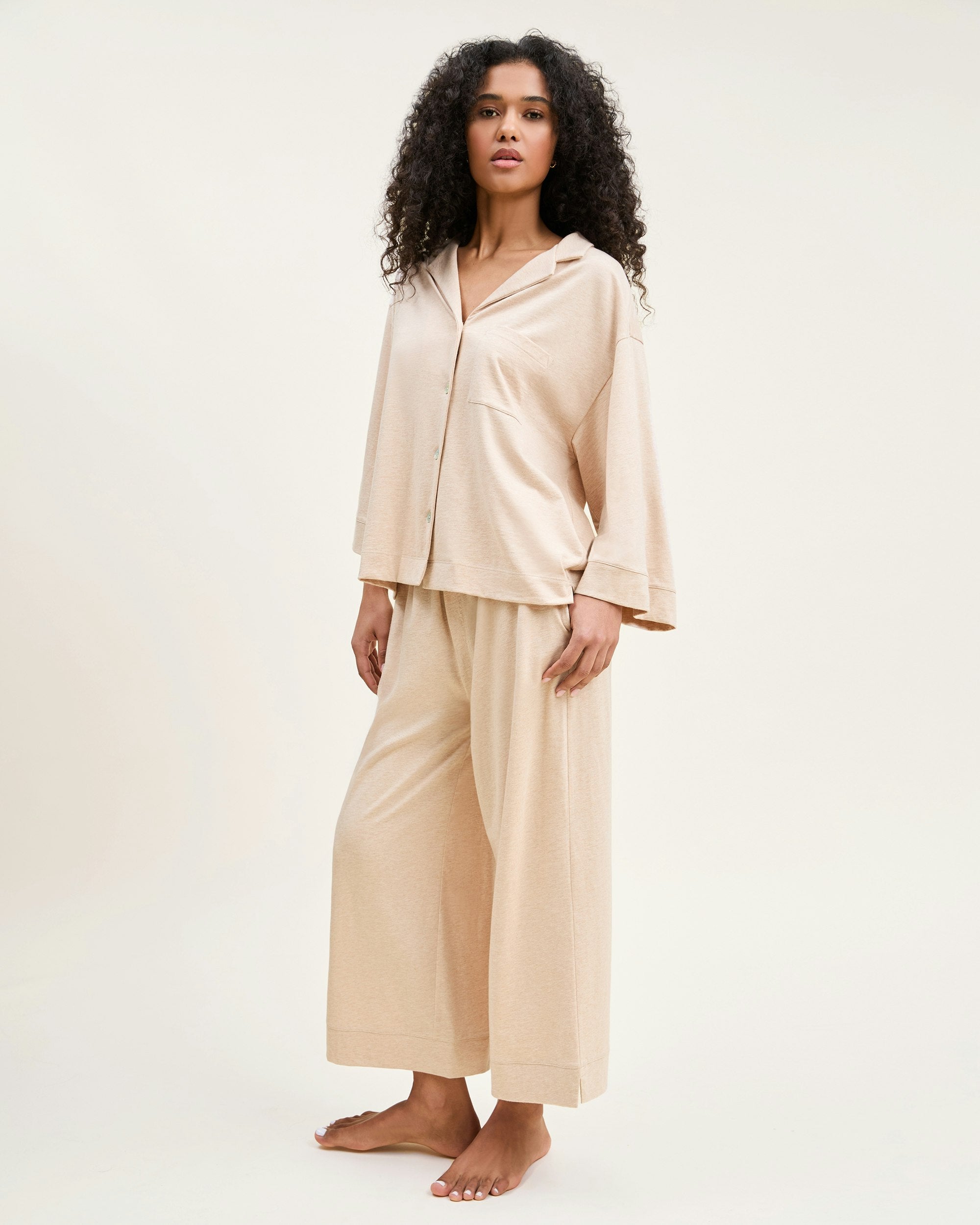 The Olivia Wide Leg Pima Pajama Set in Navy French Ticking in Camel#Color_Camel