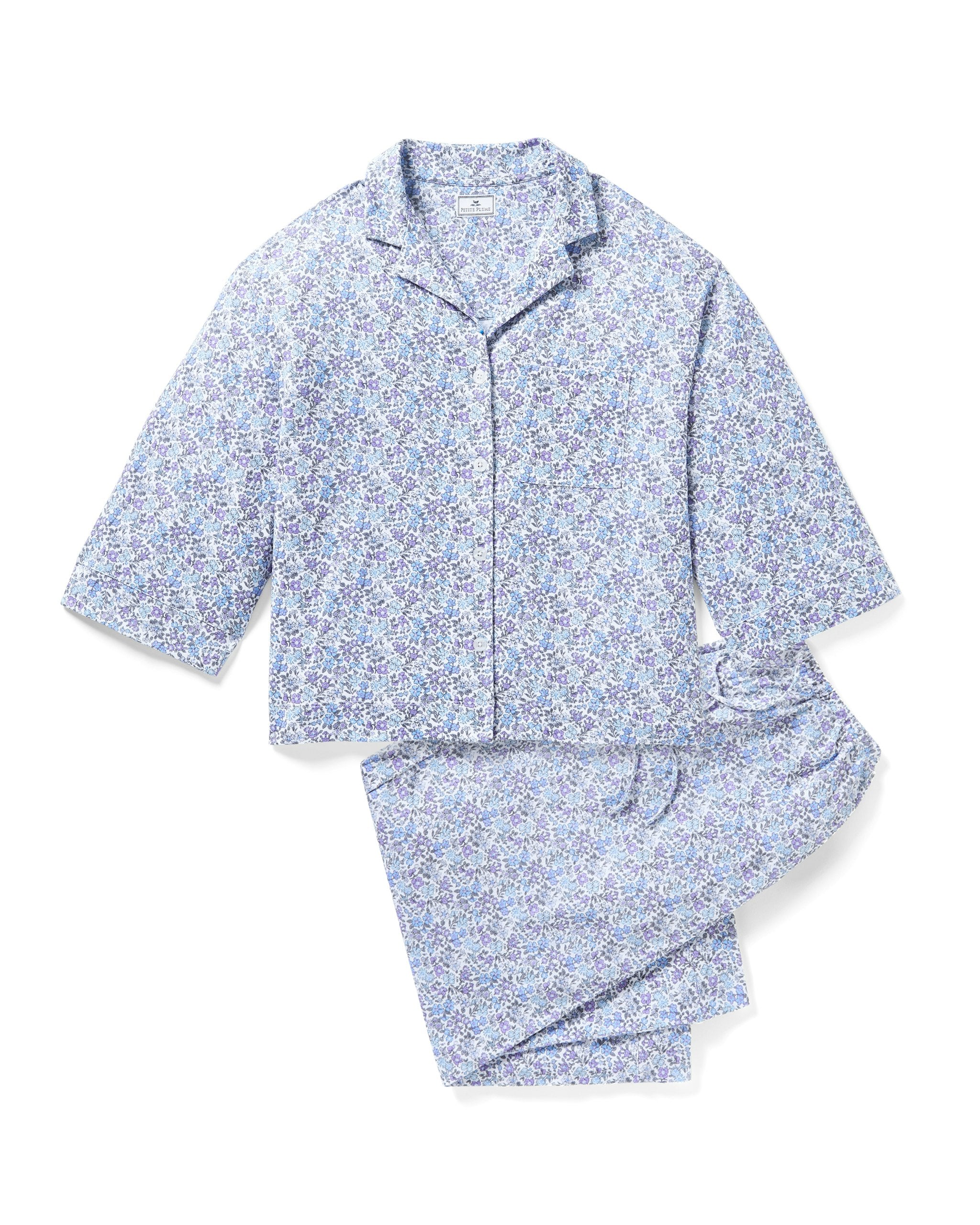 The Olivia Wide Leg Pima Pajama Set in Navy French Ticking in Fleur D'Azur#Color_Fleur D'Azur