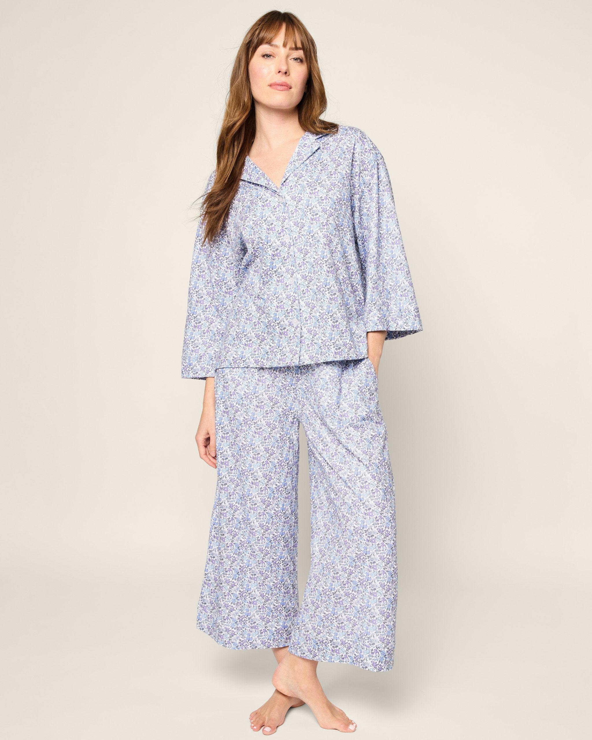 The Olivia Wide Leg Pima Pajama Set in Navy French Ticking in Fleur D'Azur#Color_Fleur D'Azur