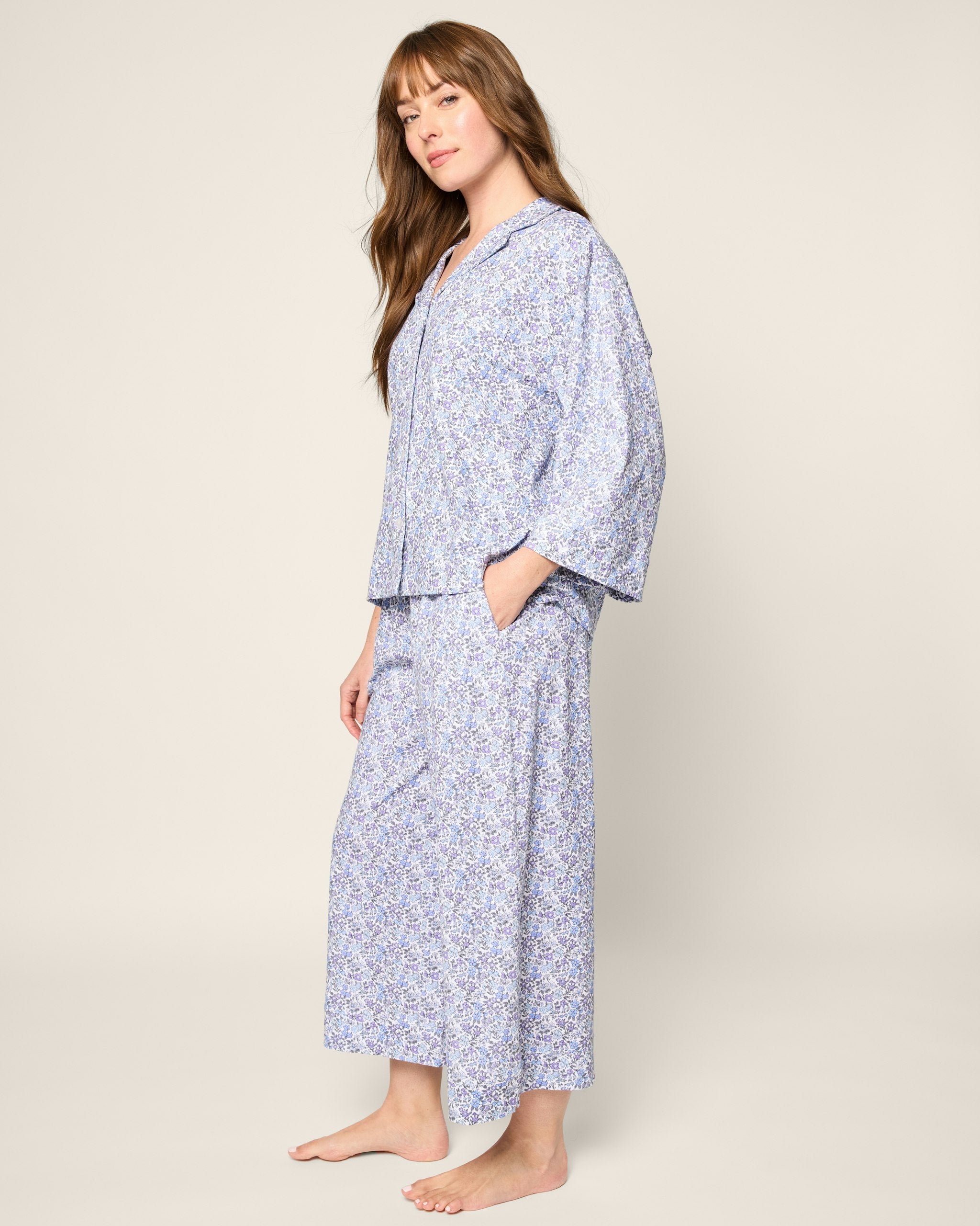 The Olivia Wide Leg Pima Pajama Set in Navy French Ticking in Fleur D'Azur#Color_Fleur D'Azur