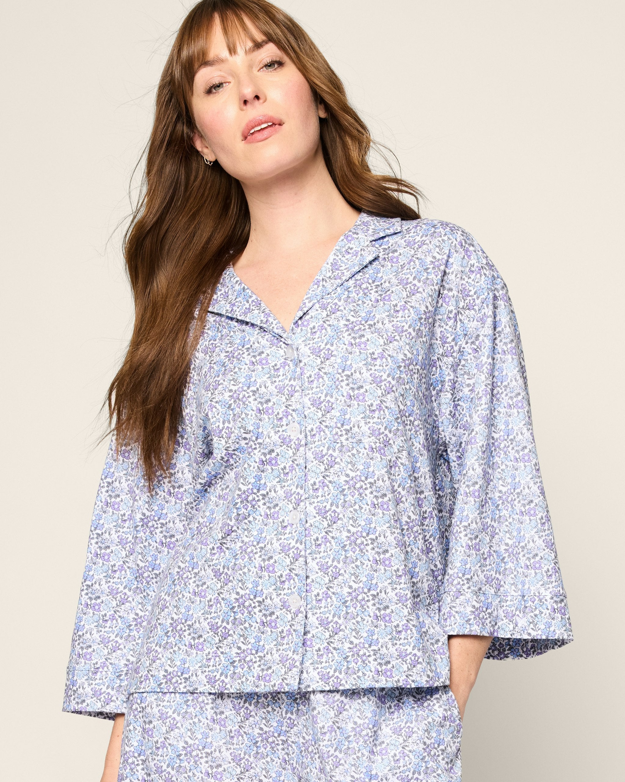 The Olivia Wide Leg Pima Pajama Set in Navy French Ticking in Fleur D'Azur#Color_Fleur D'Azur
