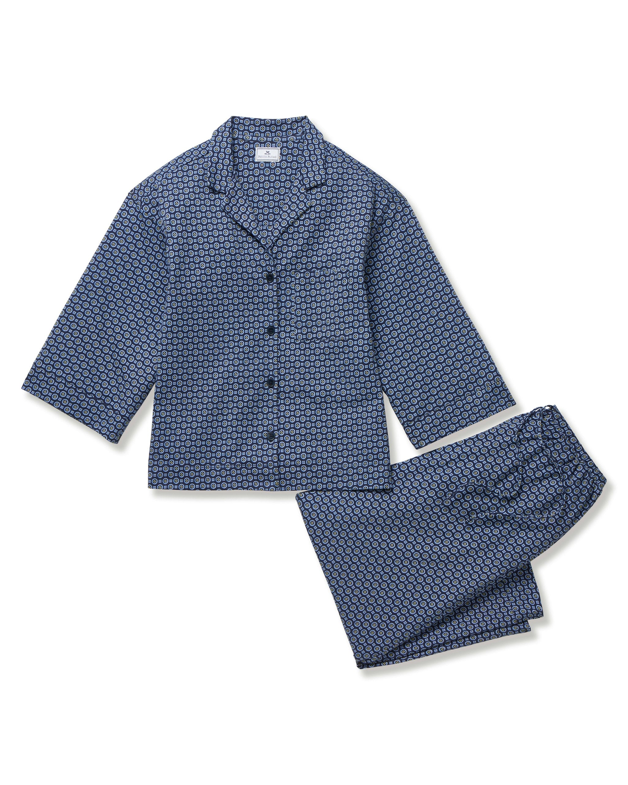 The Olivia Wide Leg Pima Pajama Set in Navy French Ticking in Midnight Foulard#Color_Midnight Foulard