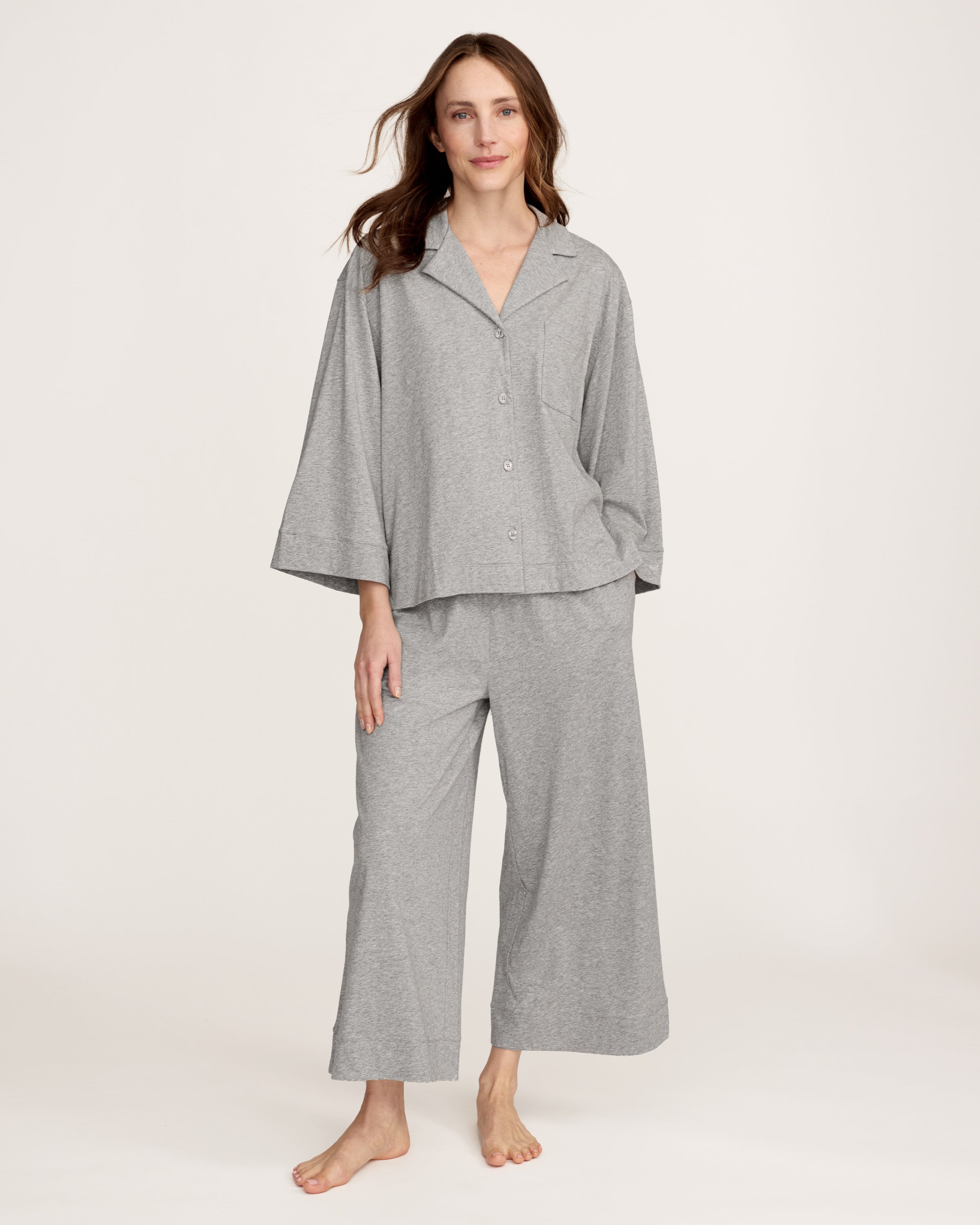 The Olivia Wide Leg Lightweight Pima Pajama Set in Heather Grey