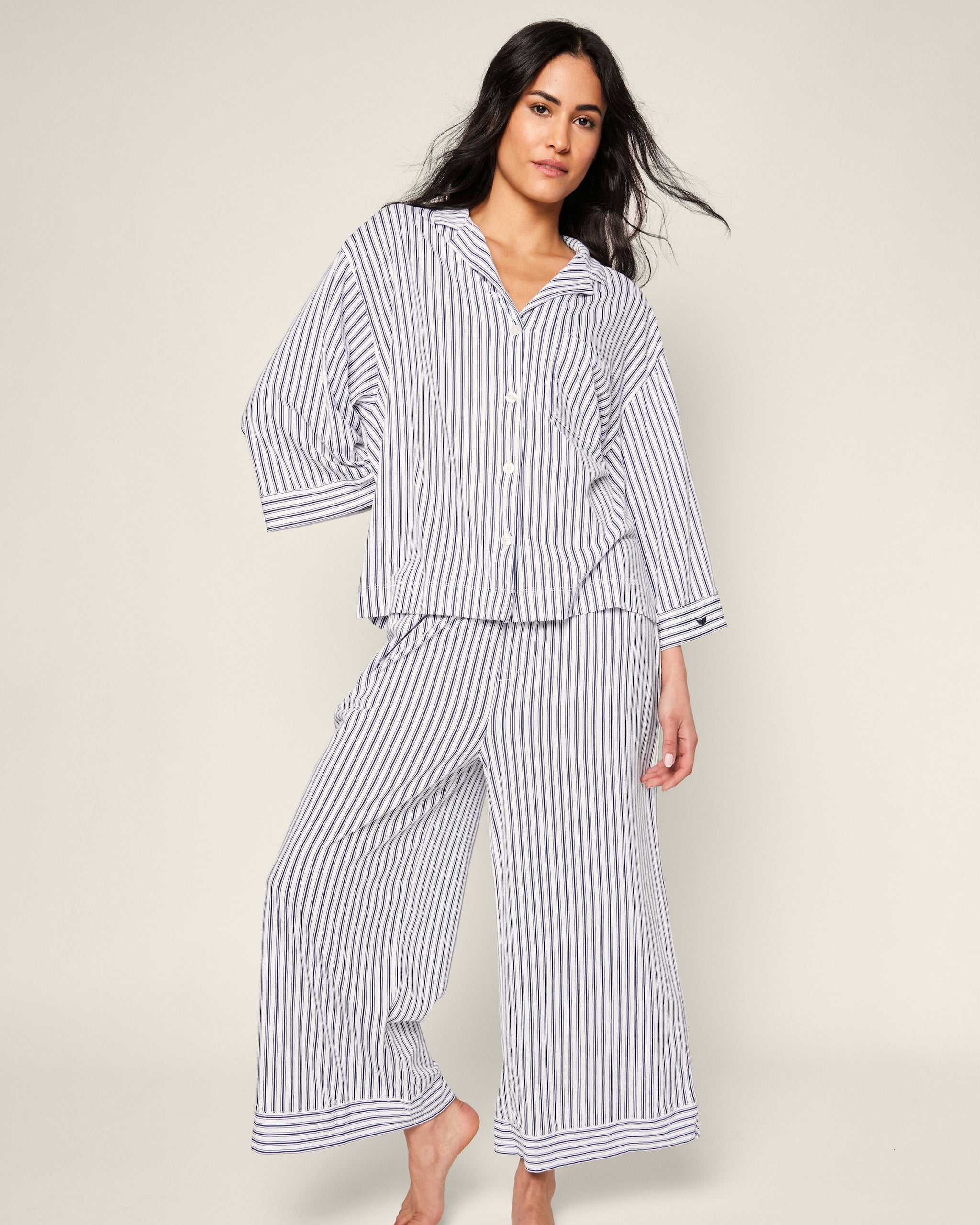 The Olivia Wide Leg Pima Pajama Set in Navy French Ticking in Navy French Ticking#Color_Navy French Ticking