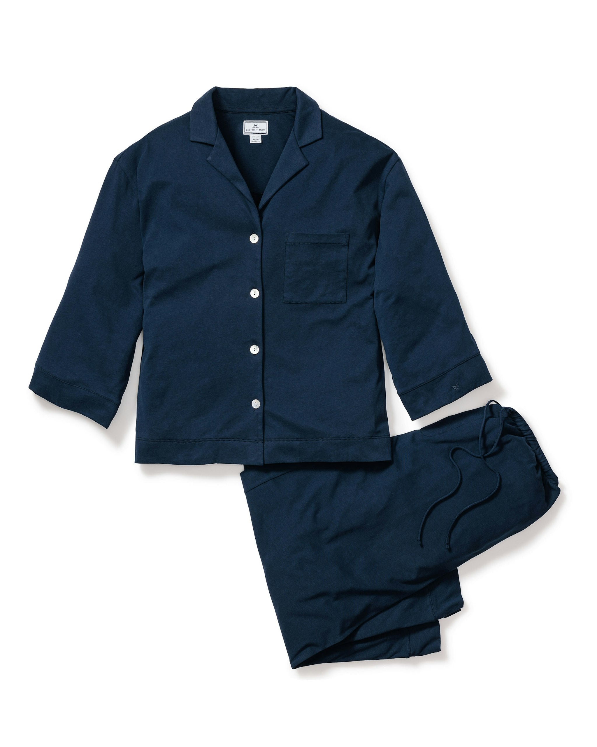 The Olivia Wide Leg Pima Pajama Set in Fleur D'Azur in Navy#Color_Navy