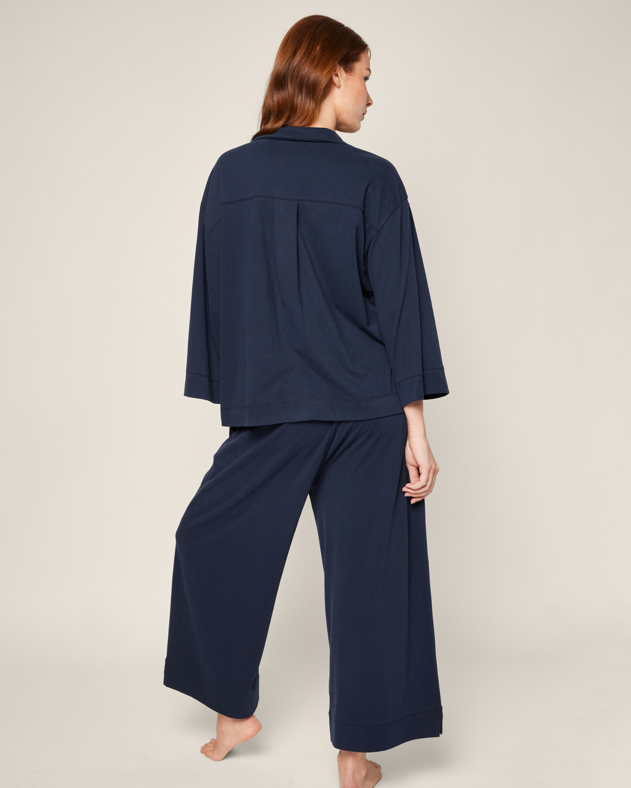 The Olivia Wide Leg Pima Pajama Set in Fleur D'Azur in Navy#Color_Navy