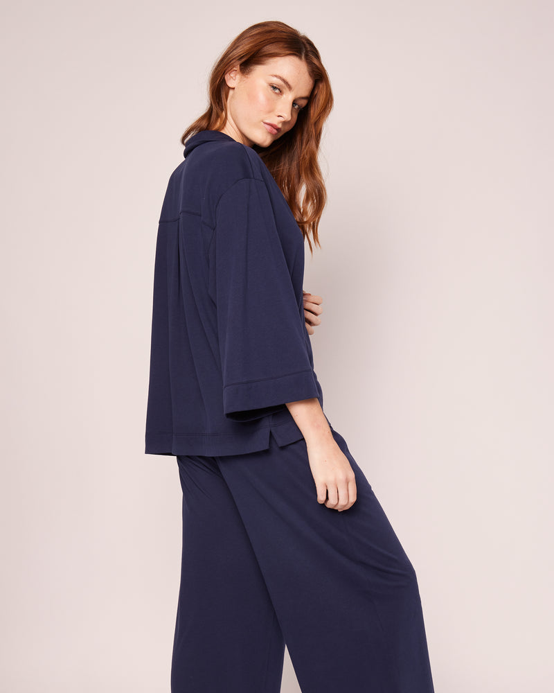 The Olivia Wide Leg Pima Pajama Set Navy Ticking