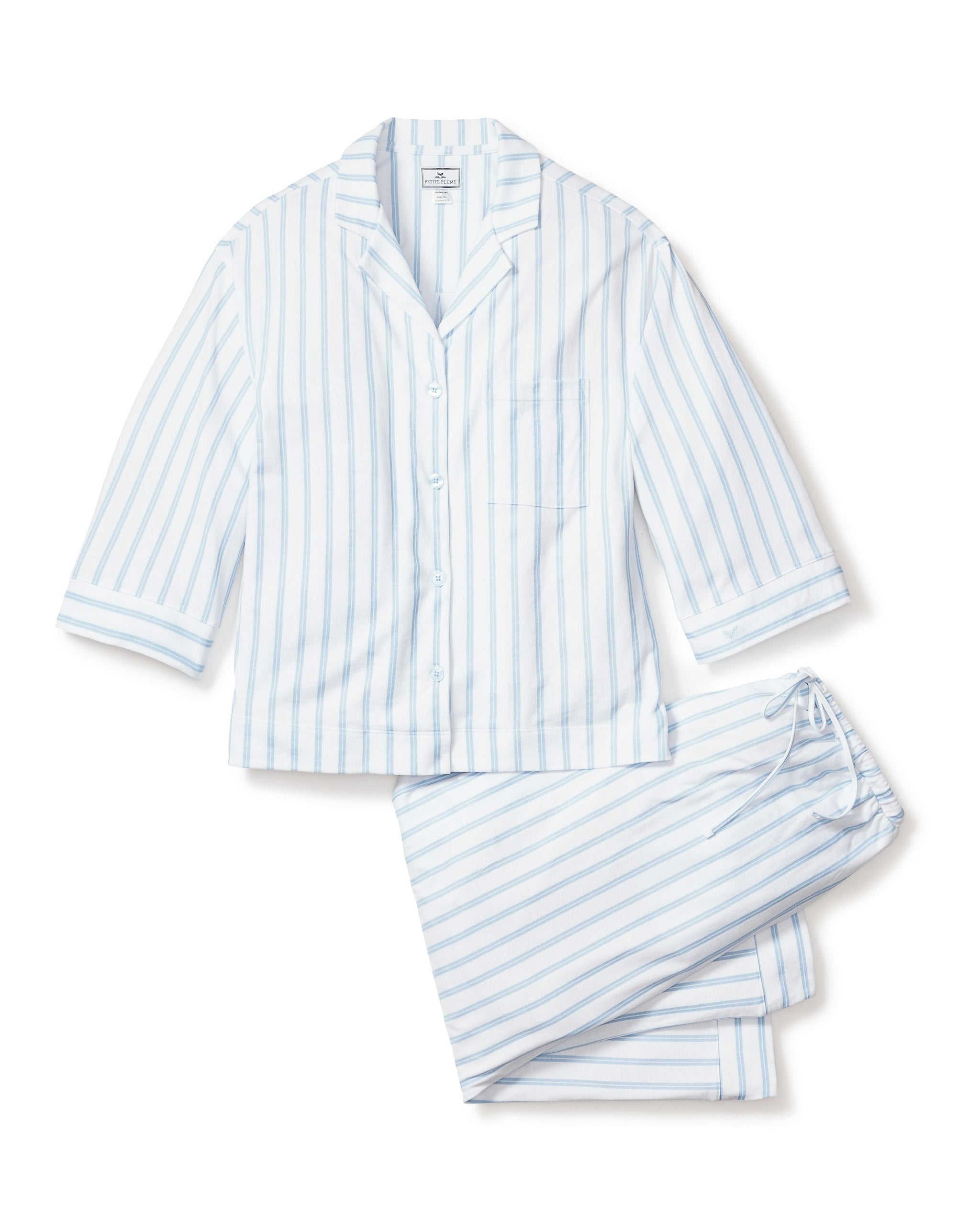 The Olivia Wide Leg Pima Pajama Set in Fleur D'Azur in Periwinkle and White Stripe#Color_Periwinkle and White Stripe