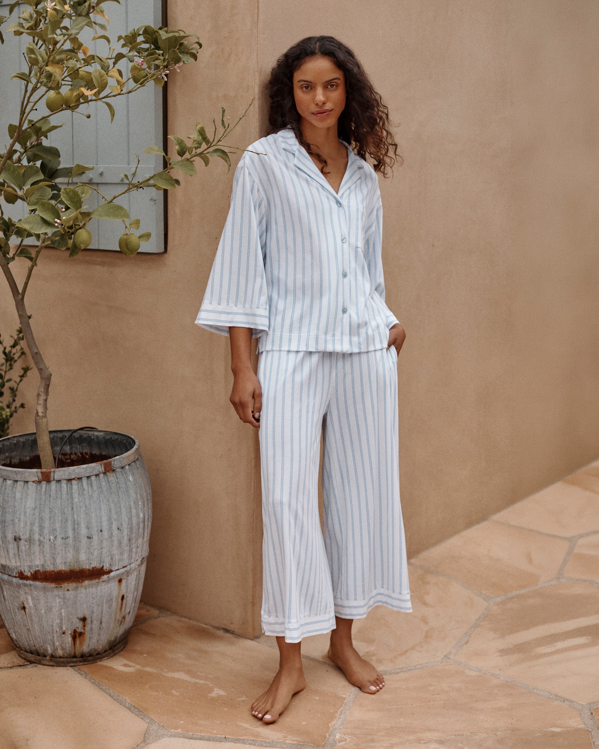The Olivia Wide Leg Pima Pajama Set in Periwinkle Stripe