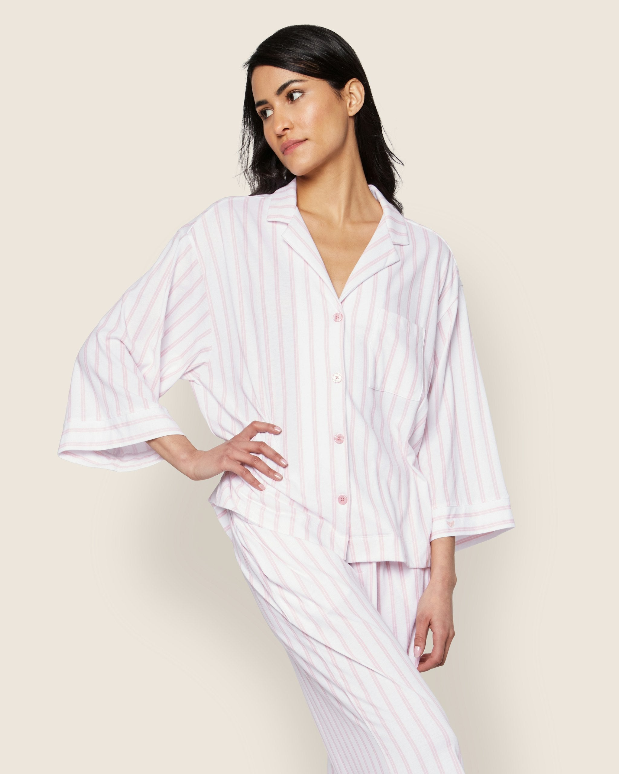 The Olivia Wide Leg Pima Pajama Set in Navy French Ticking in Pink Stripe#Color_Pink Stripe
