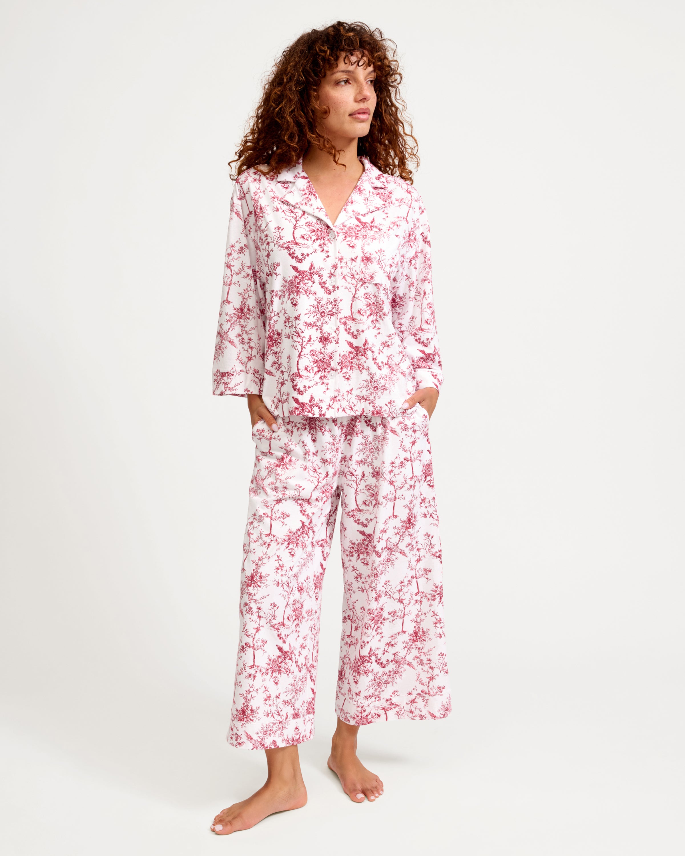 The Olivia Wide Leg Pima Pajama Set in Red Timeless Toile