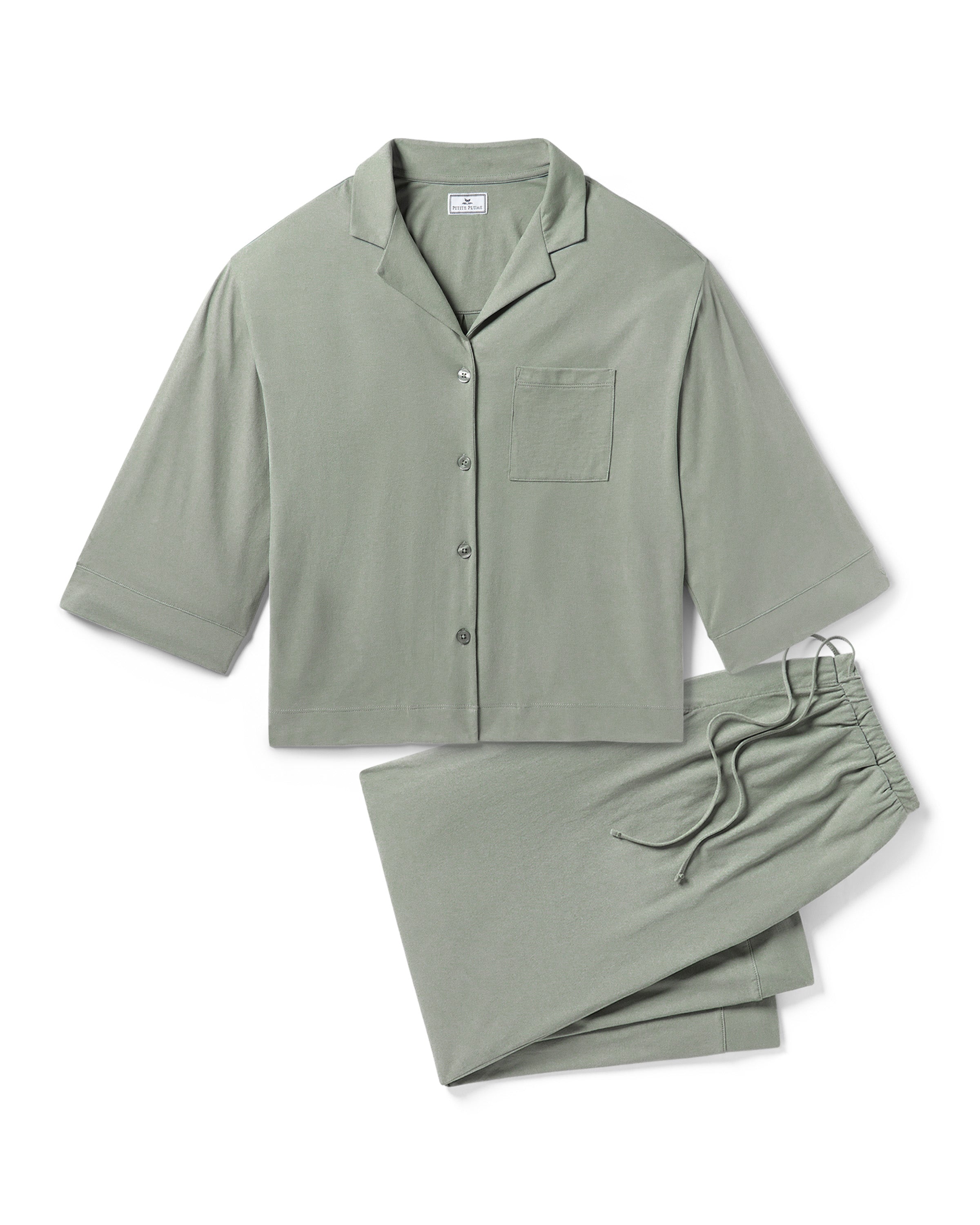The Olivia Wide Leg Pima Pajama Set in Sage