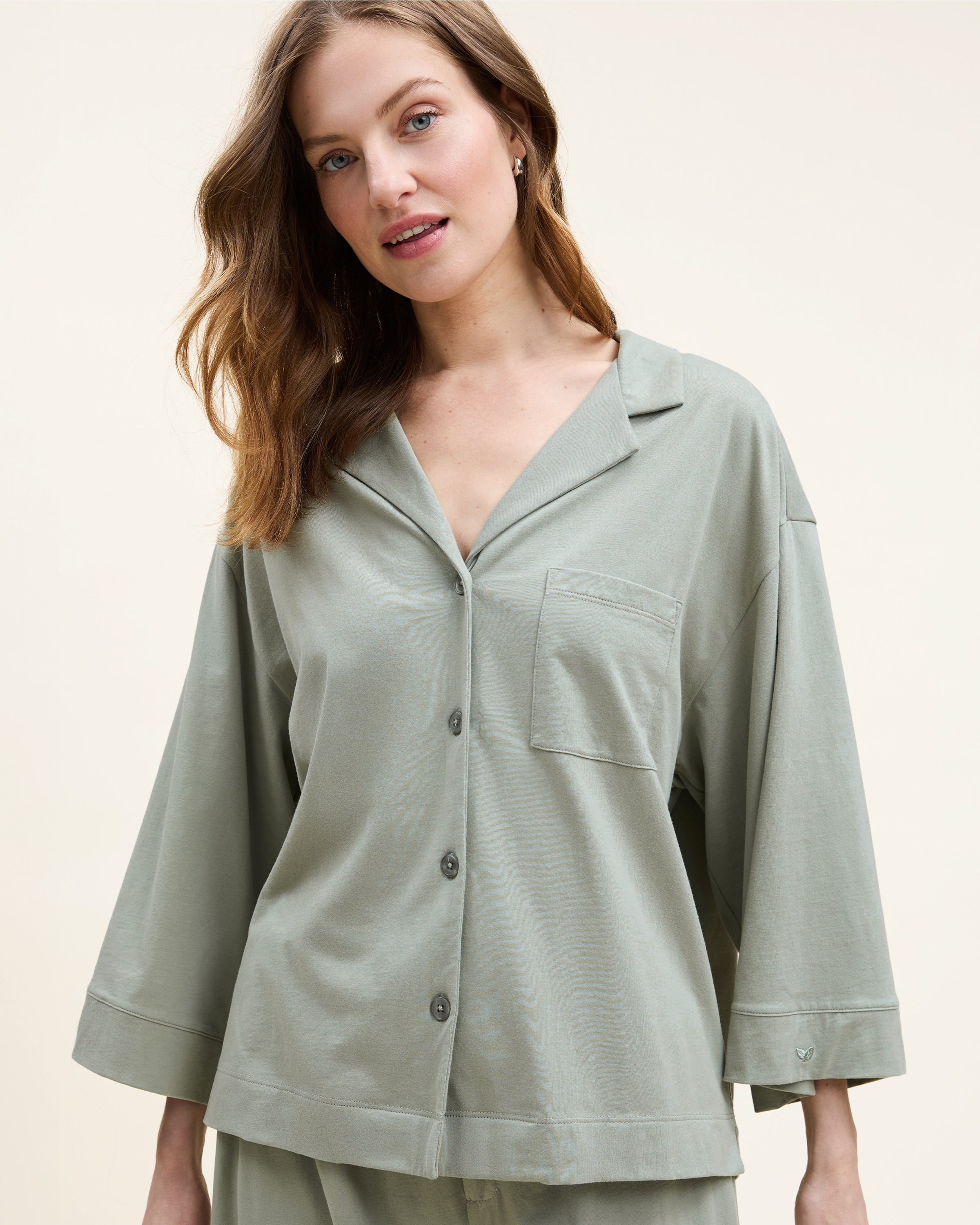 The Olivia Wide Leg Pima Pajama Set in Sage