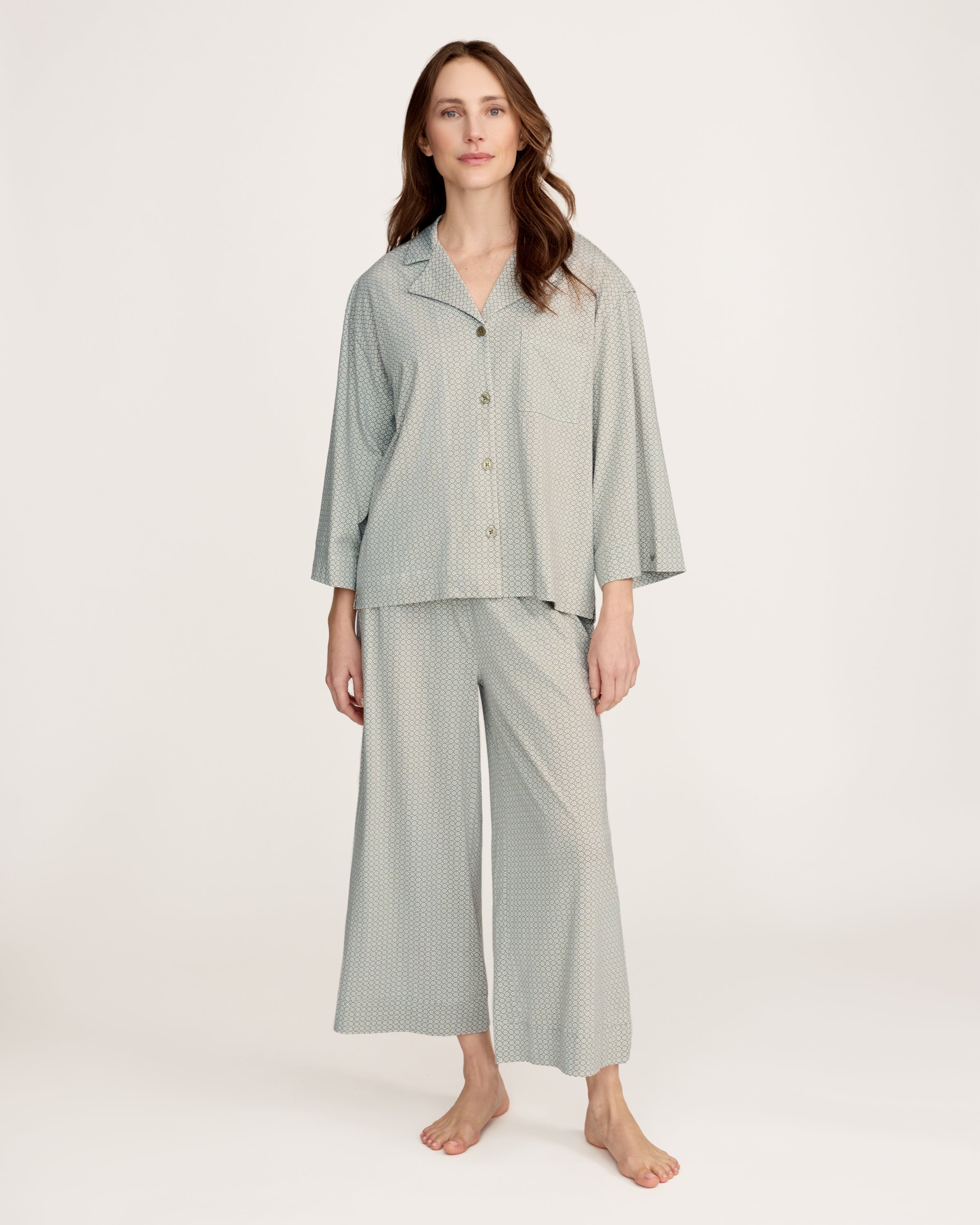 The Olivia Wide Leg Lightweight Pima Pajama Set in Sage Geo