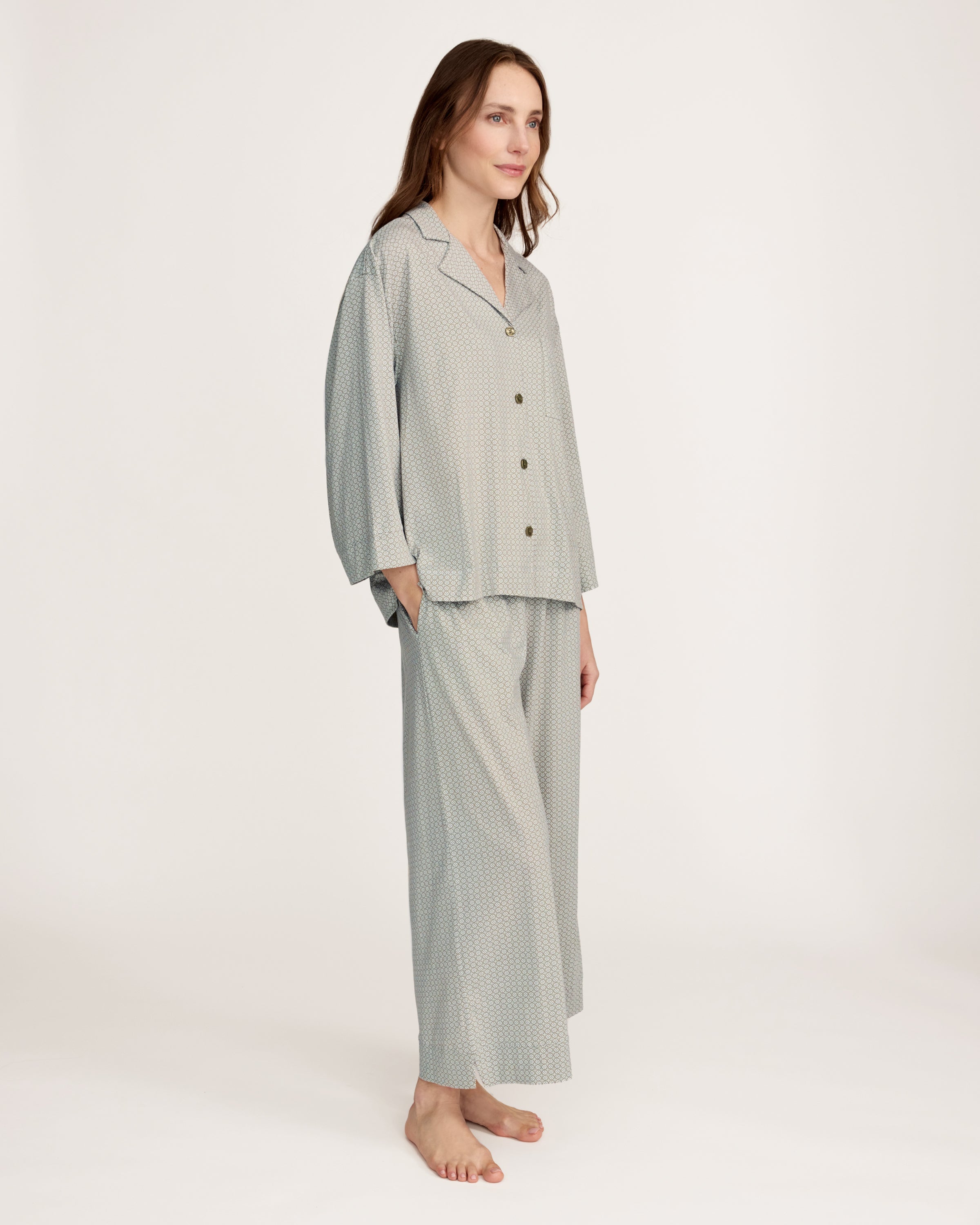 The Olivia Wide Leg Lightweight Pima Pajama Set in Sage Geo