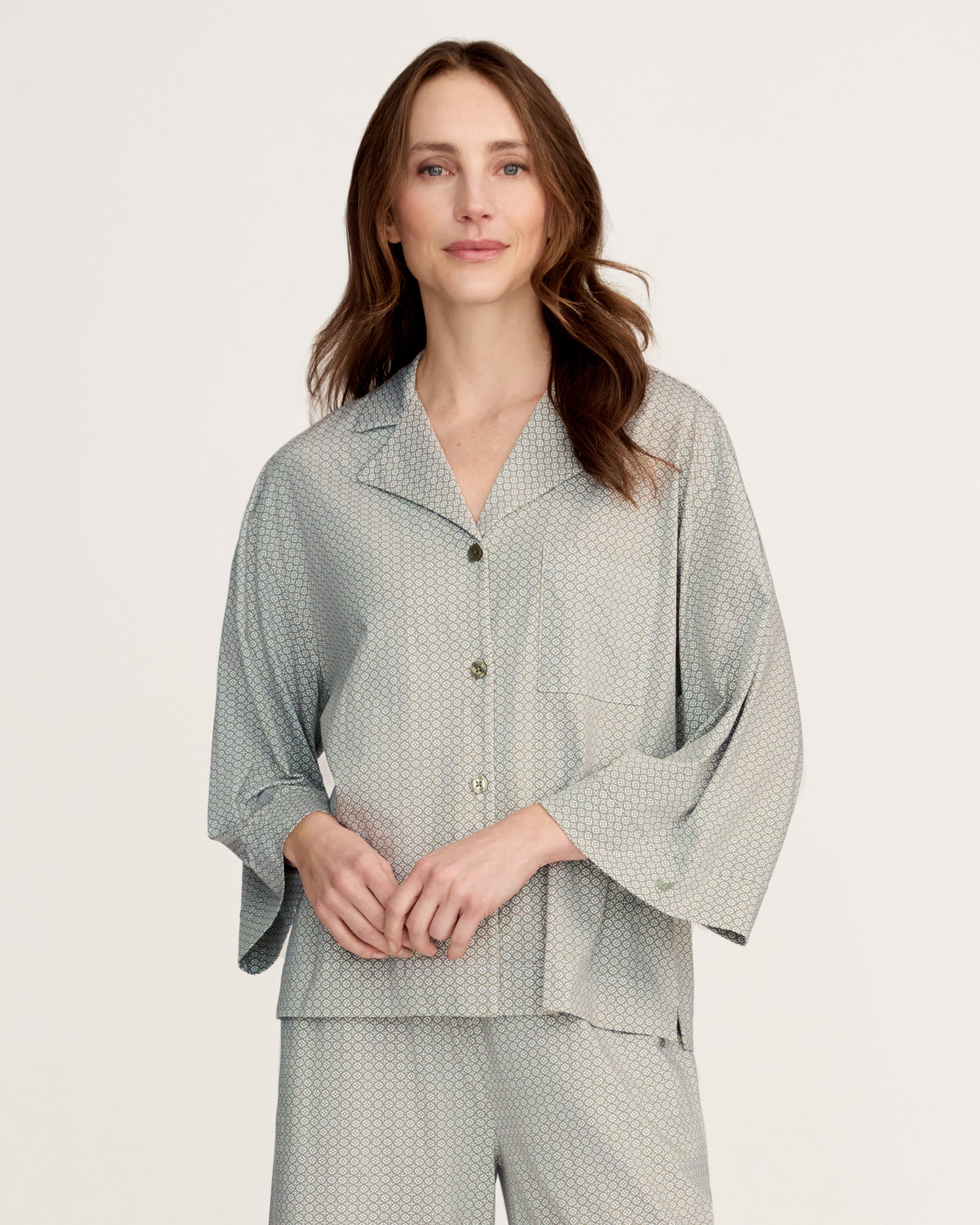 The Olivia Wide Leg Lightweight Pima Pajama Set in Sage Geo