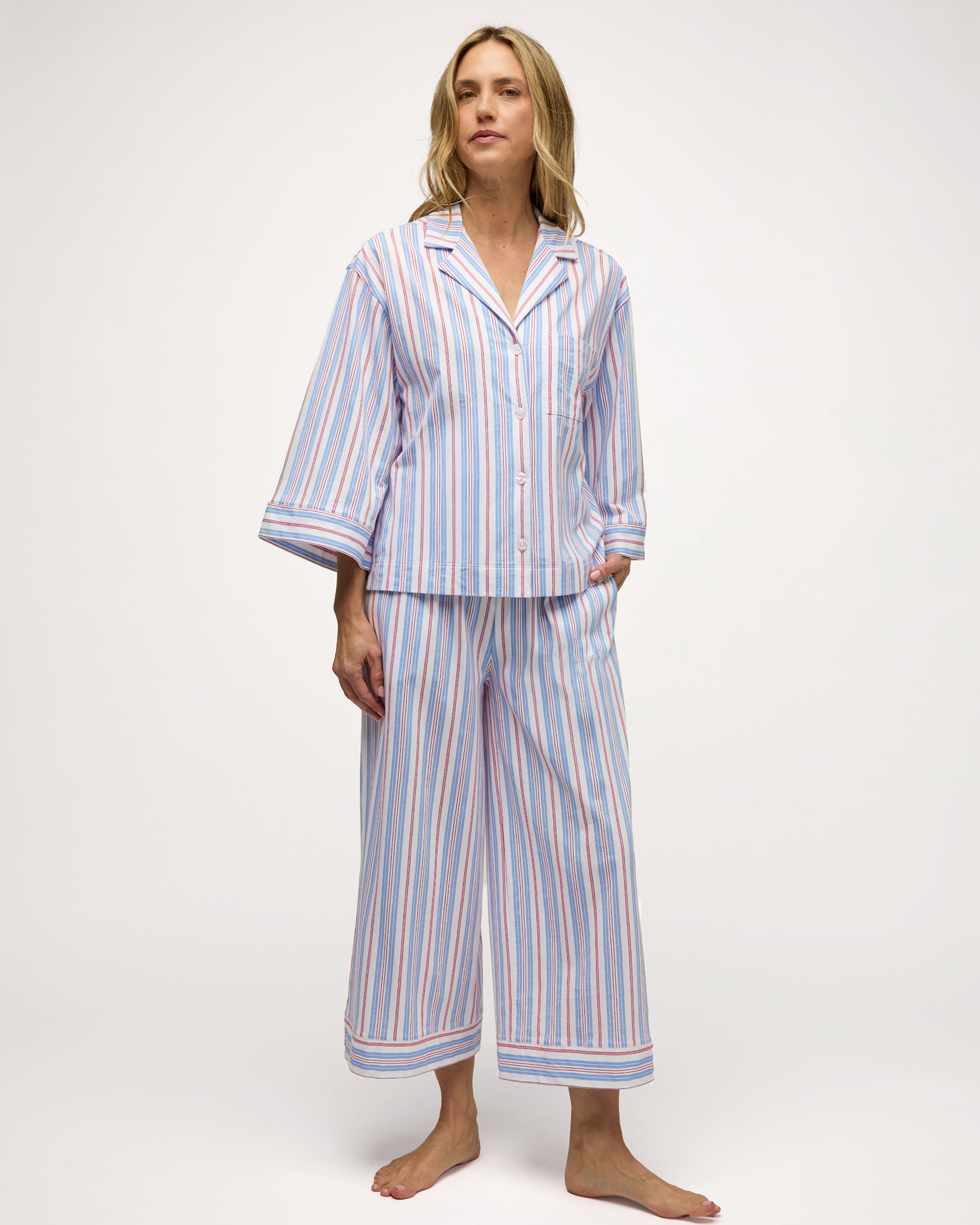 The Olivia Wide Leg Lightweight Pima Pajama Set in Vintage French Stripes