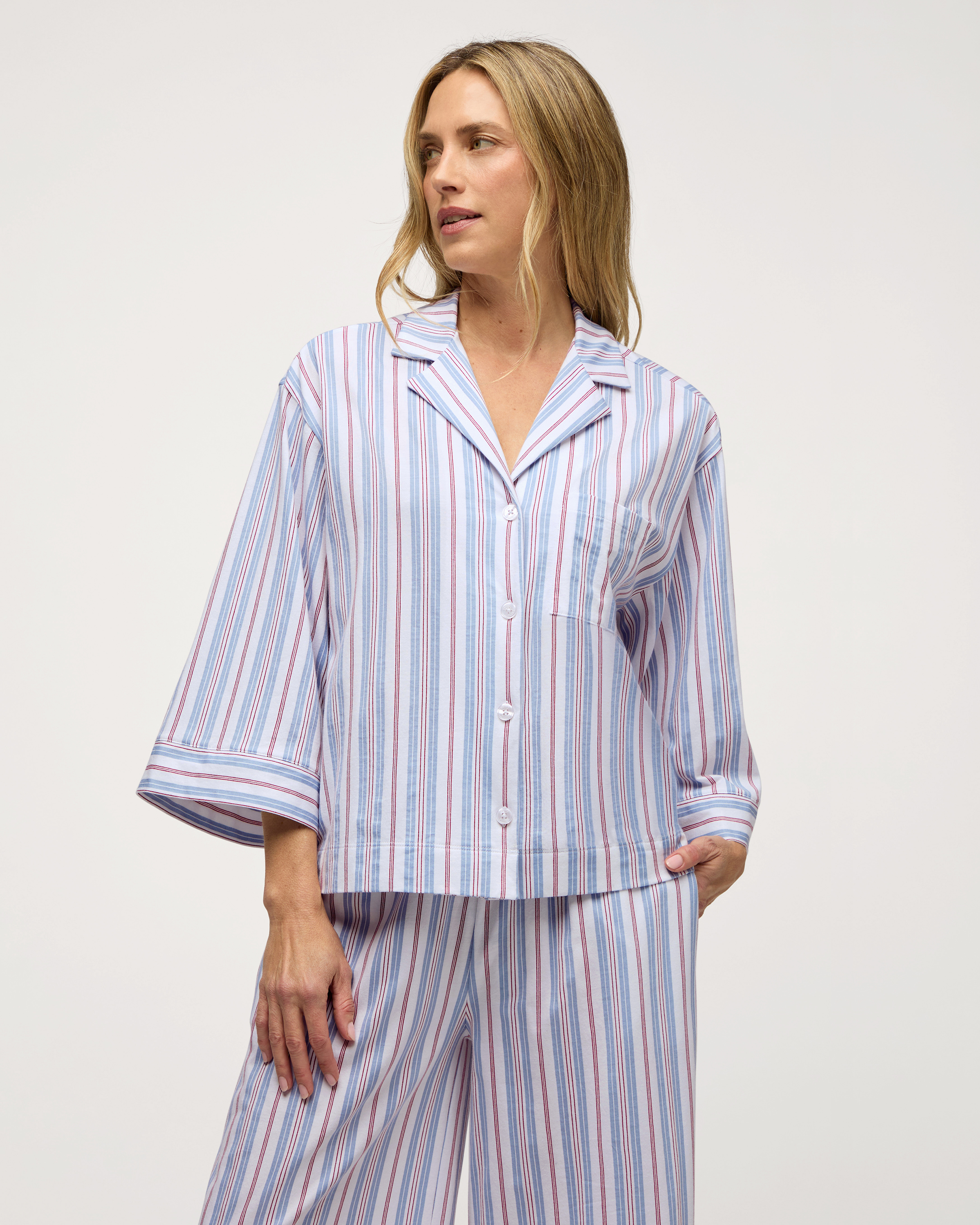 The Olivia Wide Leg Lightweight Pima Pajama Set in Vintage French Stripes