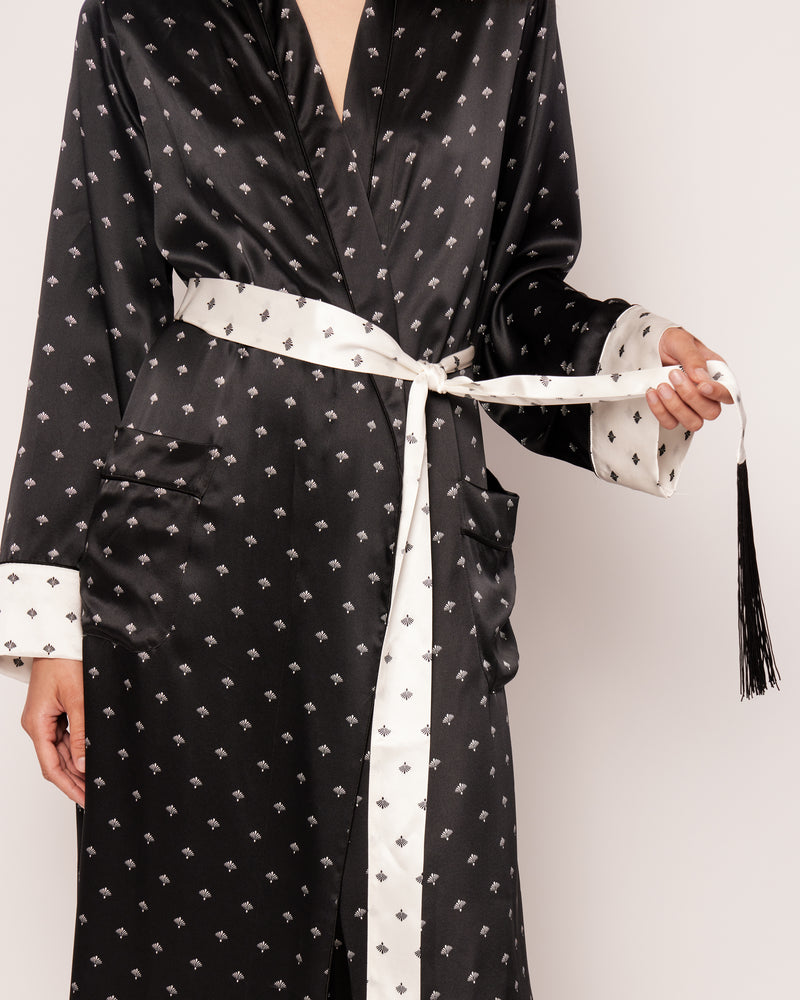 Women's Silk Long Robe in Black Art Nouveau