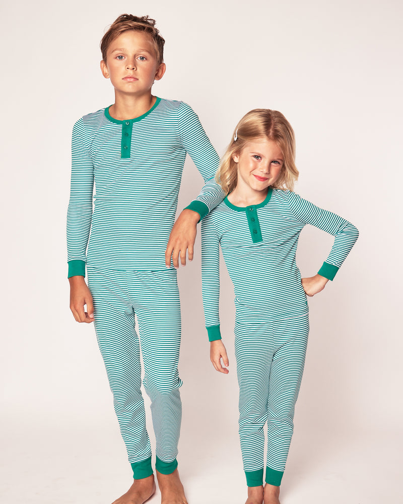 Kid's Pima Snug Fit Pajama Set in Green Stripe