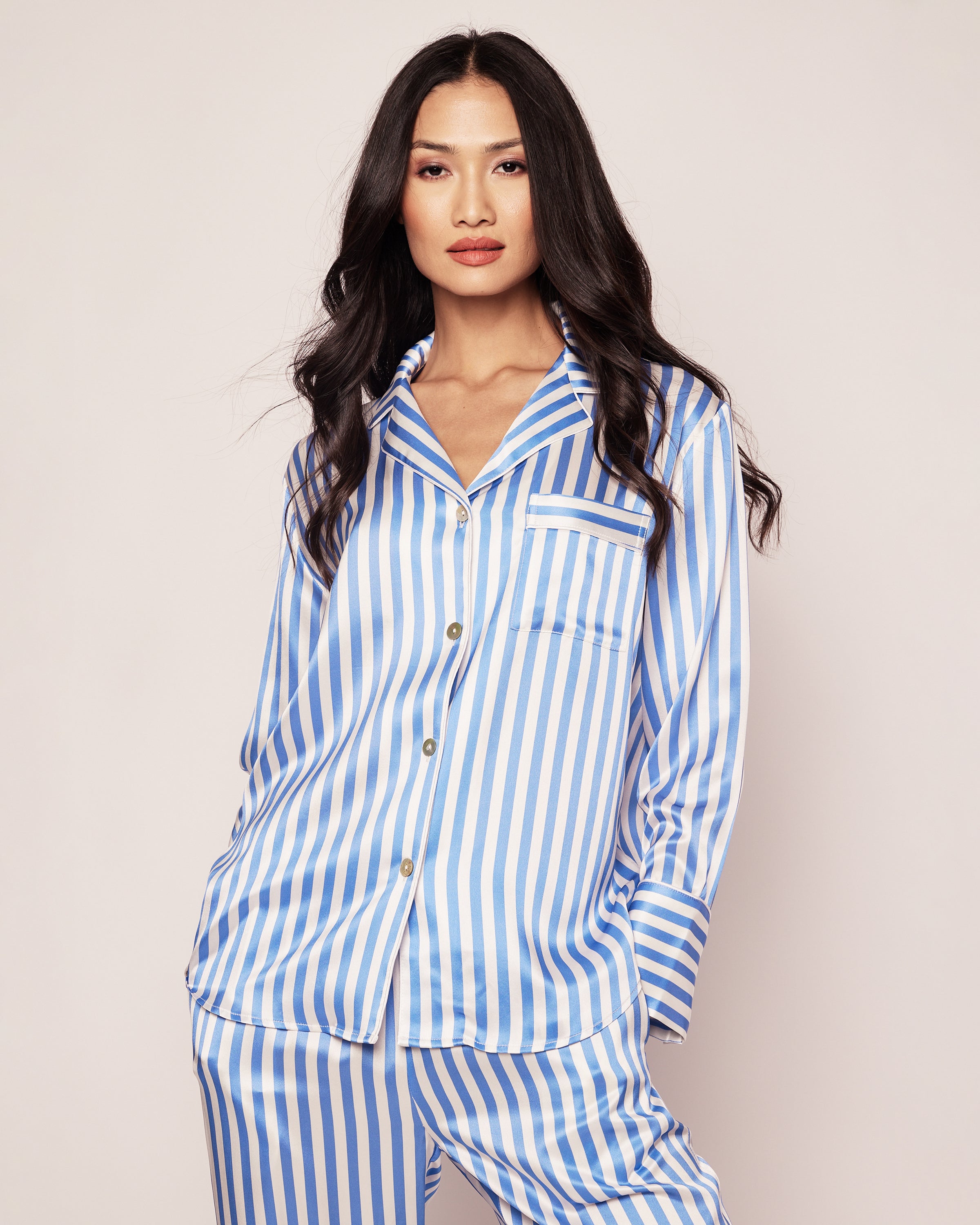Women's Silk Pajama Set in Azure Stripe in Azure Stripe#Color_Azure Stripe
