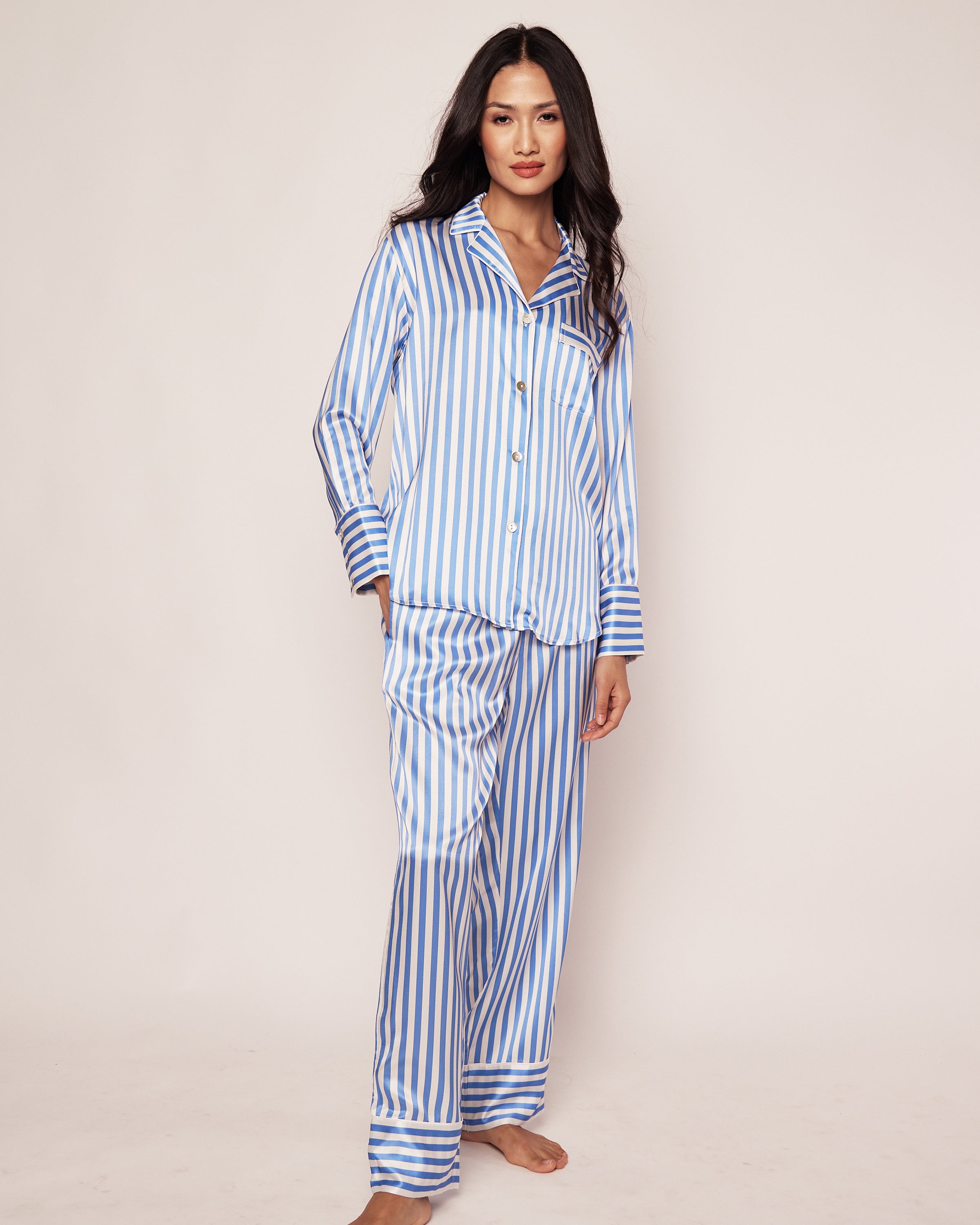 Women's Silk Pajama Set in Azure Stripe in Azure Stripe#Color_Azure Stripe