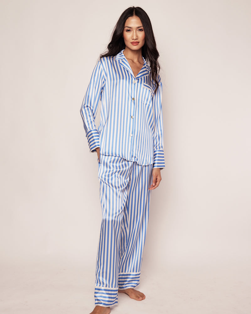 Women's Silk Pajama Set in Azure Stripe