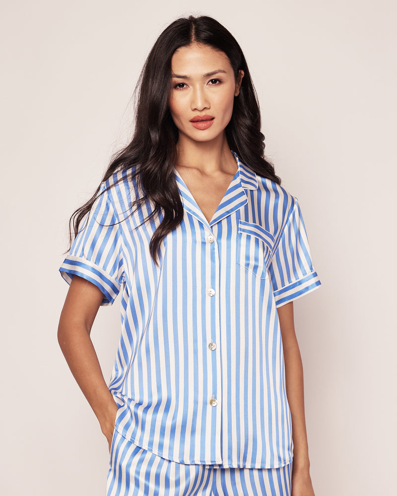 Women's Silk Pajama Short Set in Azure Stripe