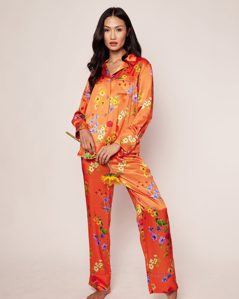 Women's Silk Pajama Set in Tangerine Brilliant Botanical