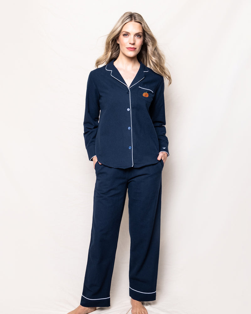 Halloween Limited Edition - Women's Navy Flannel Pajama Sets with Jack-o-Lantern Embroidery