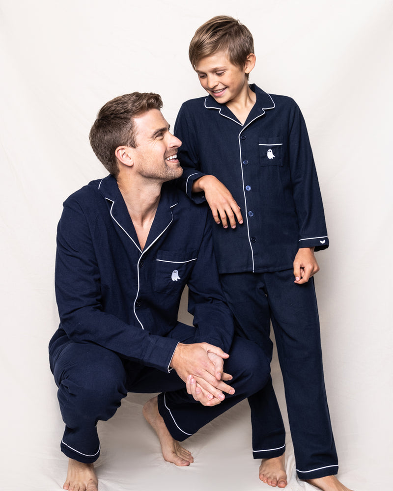 Halloween Limited Edition - Navy Flannel Pajama Sets with Ghost Embroidery