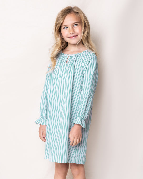 Girl's Twill Delphine Nightgown in Emerald Ticking