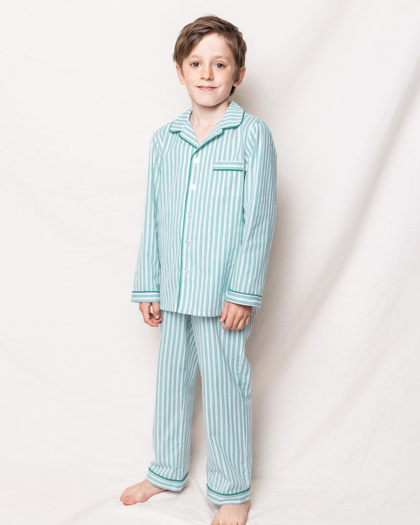 Kid's Twill Pajama Set in Emerald Ticking