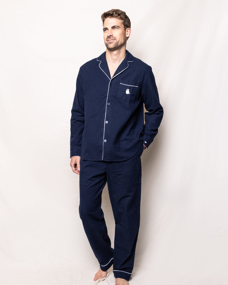 Halloween Limited Edition - Men's Navy Flannel Pajama Sets with Ghost Embroidery