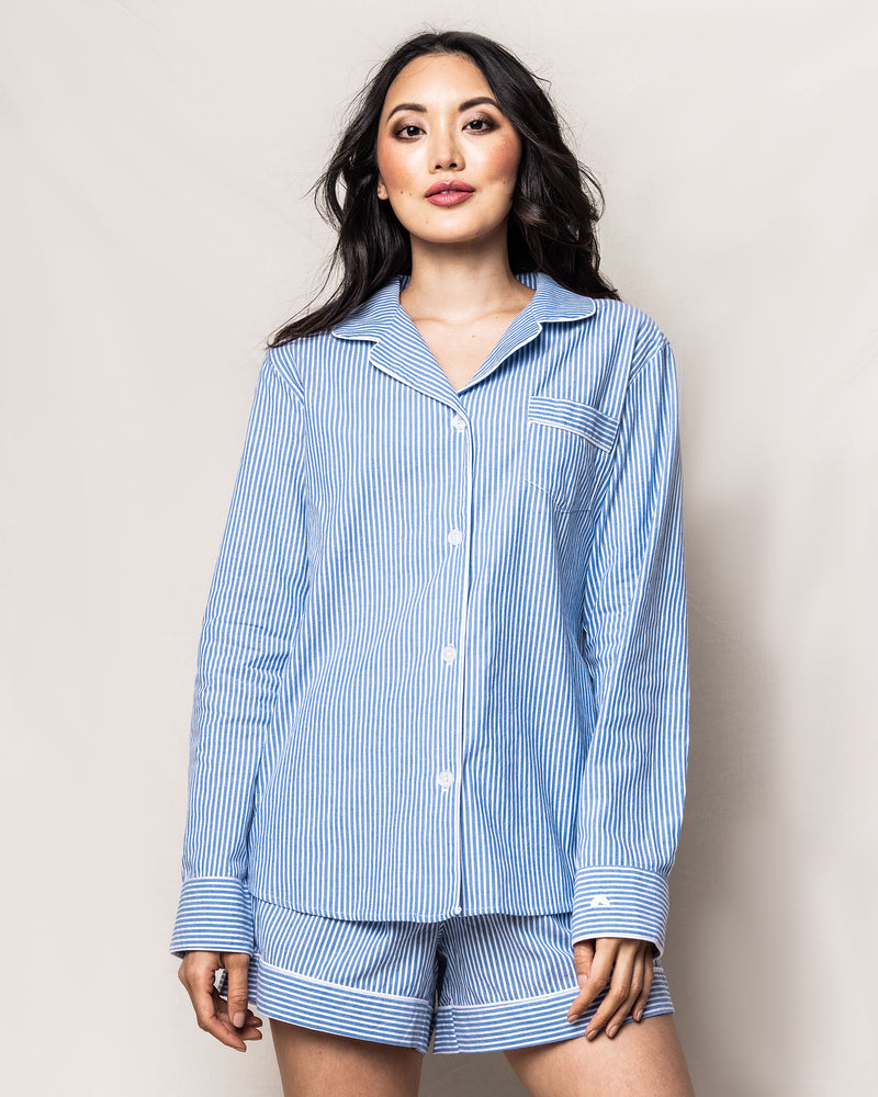 Women's French Blue Seersucker Long Sleeve Short Set | Petite Plume