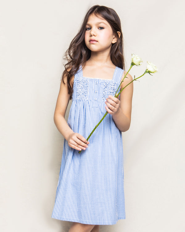 Girl's Twill Charlotte Nightgown in French Blue Seersucker