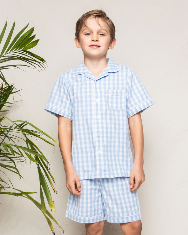 Kid's Twill Pajama Short Set in Light Blue Gingham