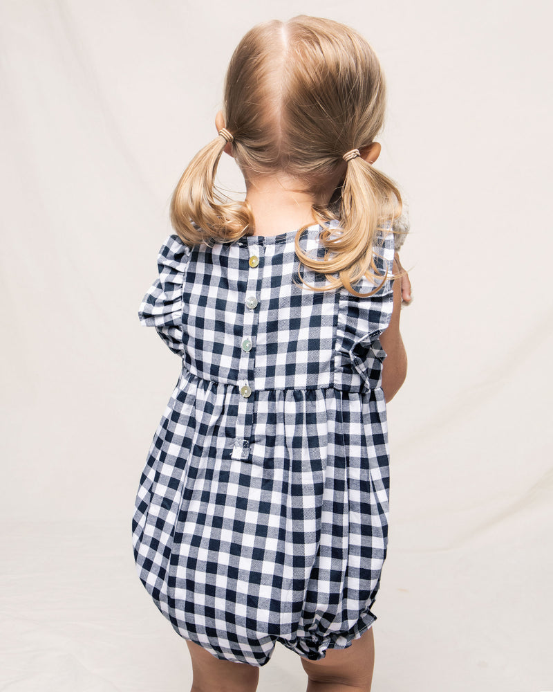 Baby's Twill Ruffled Romper in Navy Gingham