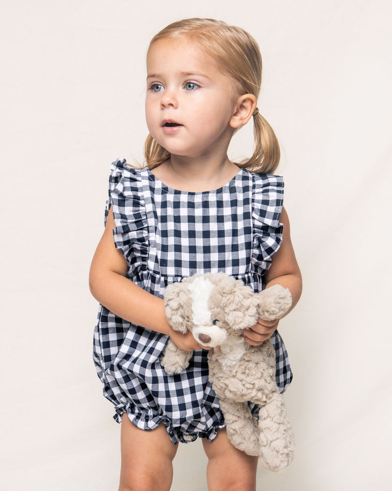 Baby's Twill Ruffled Romper in Navy Gingham